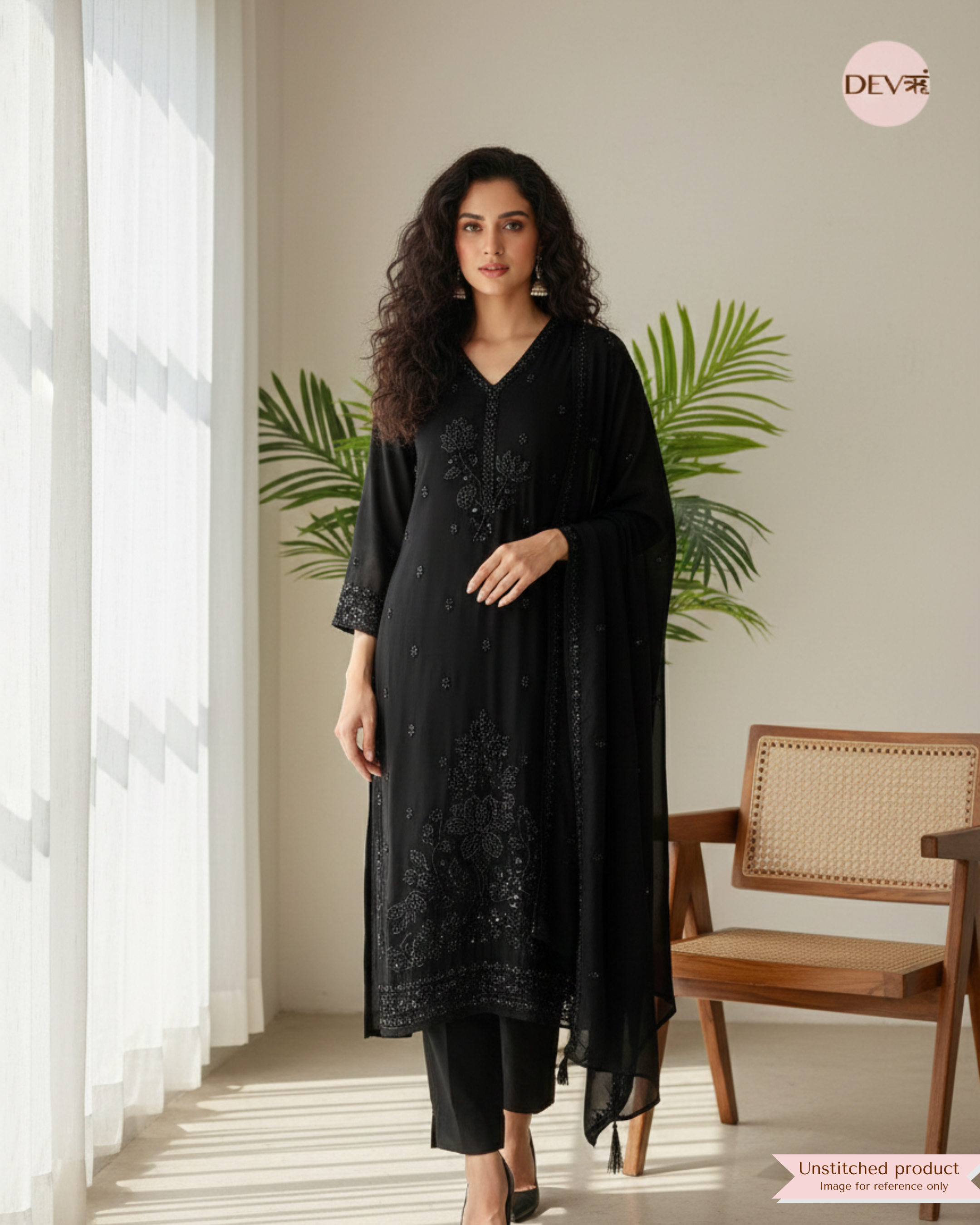 Elegant Black Organza Hand-Embroidered Unstitched 3-Piece Suit (Devri – D.No 12219)