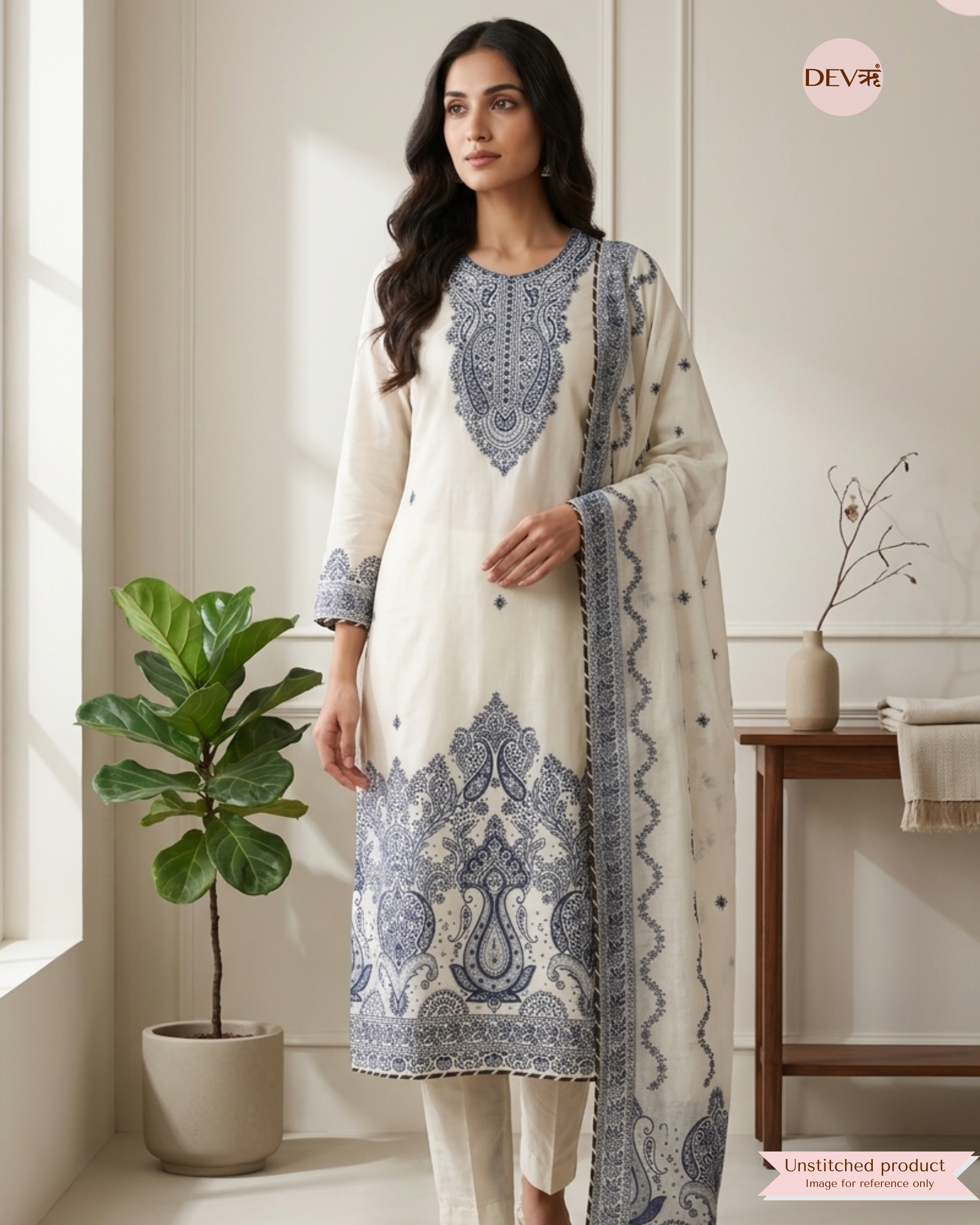 Off White Jamdani Cotton Printed Unstitched 3-Piece Suit (Devri – D.No 13070)