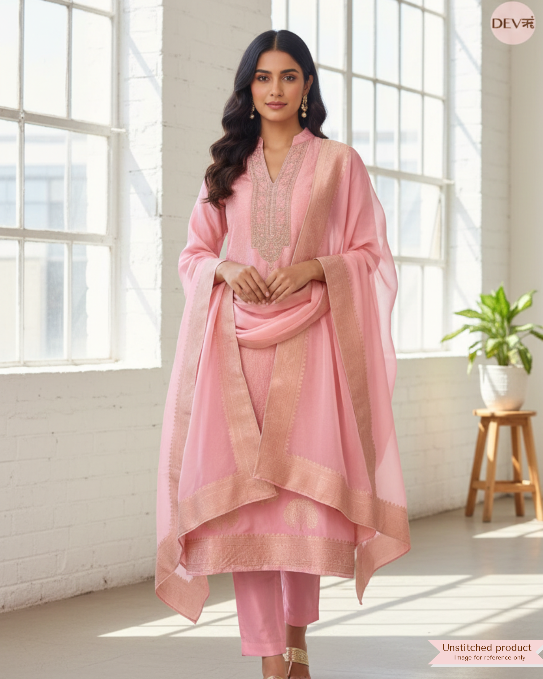 Soft Blush Pink Pure Banarasi Silk Embroidered Unstitched 3-Piece Suit (Devri – D.No 12340)