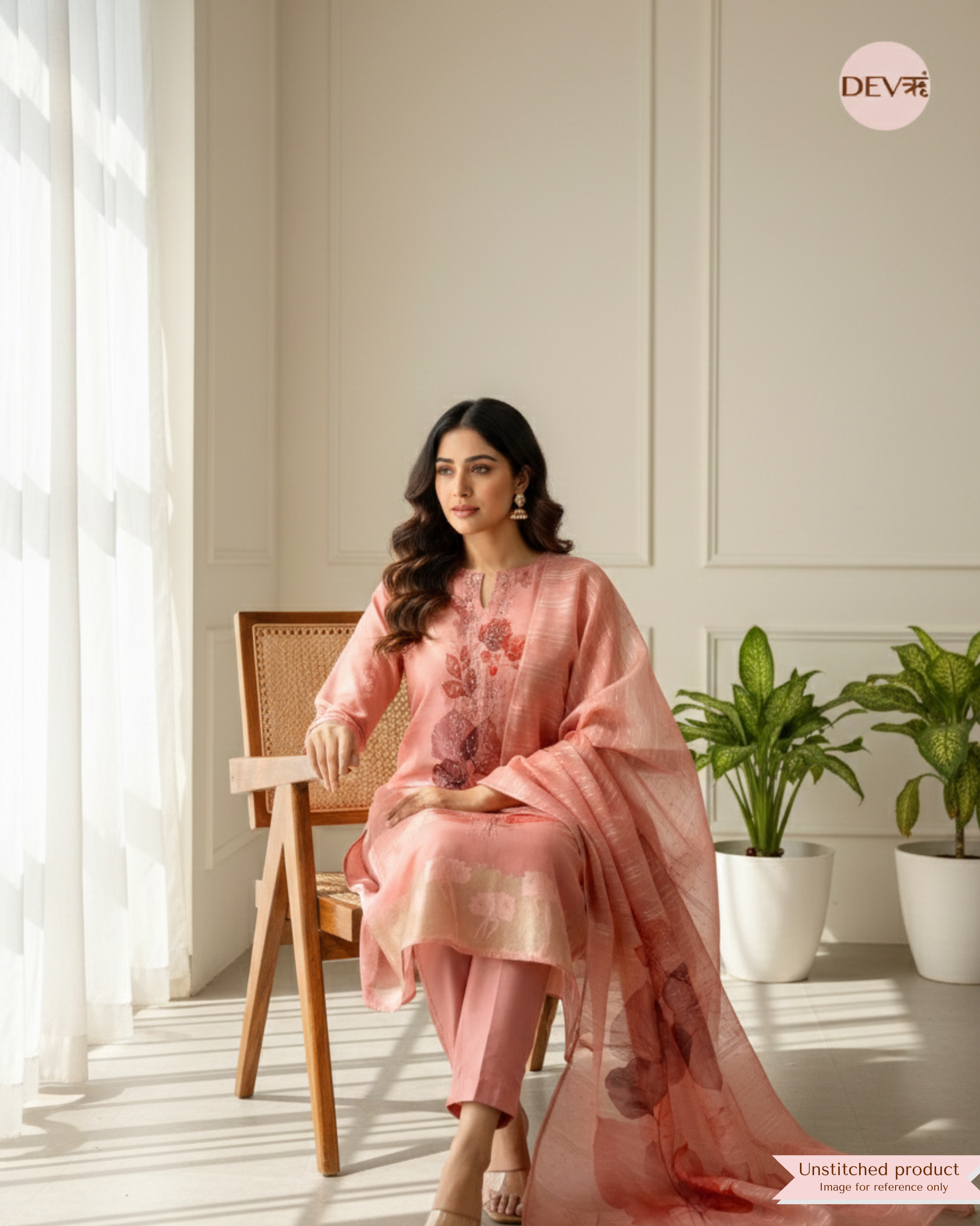 Pink Jamdani Silk Unstitched Printed Woven Hand Embroidered -Set Of 3- {11858}