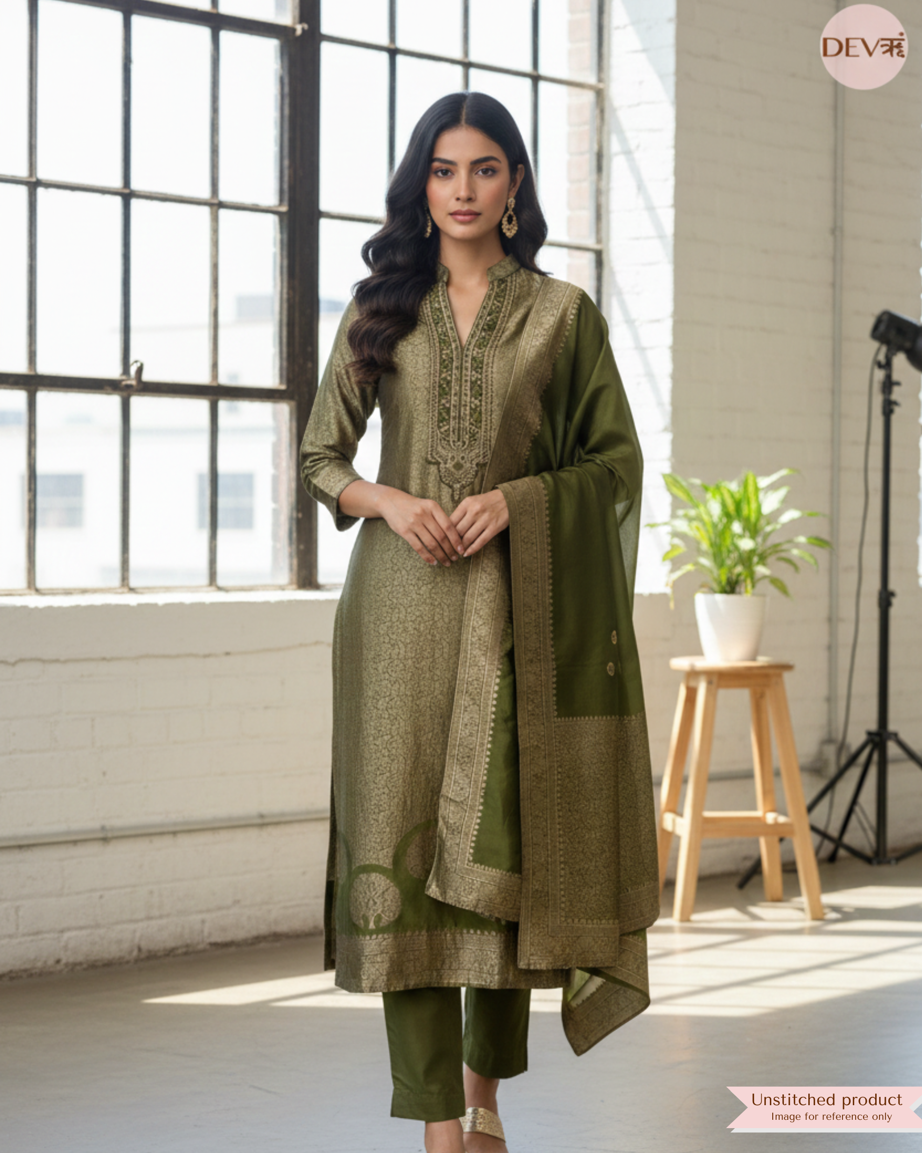 Olive Green Pure Banarasi Silk Embroidered Unstitched 3-Piece Suit (Devri – D.No 12335)