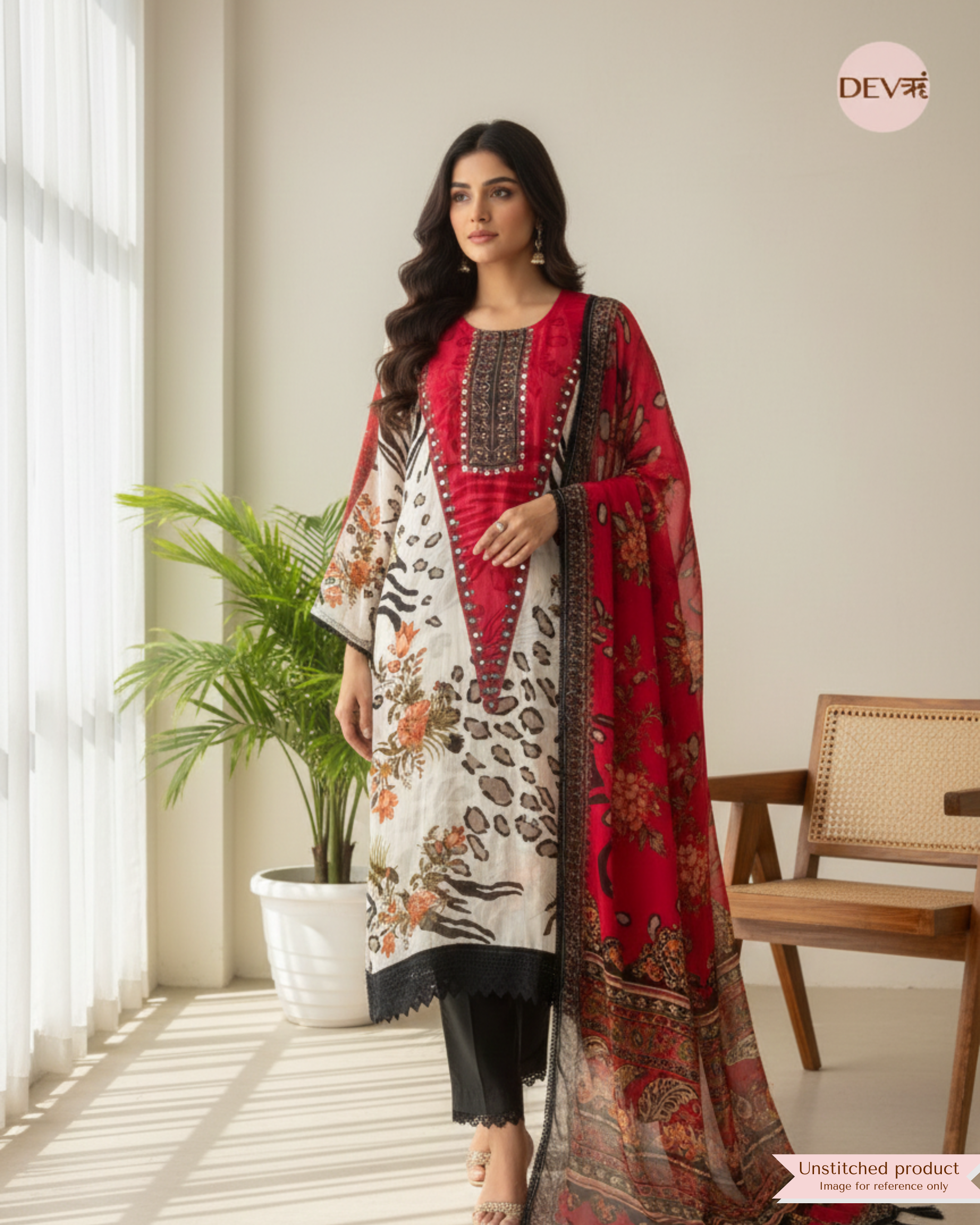 Red Organza Printed Semi Stitched Hand Embroidered -Set Of 3 {11653}