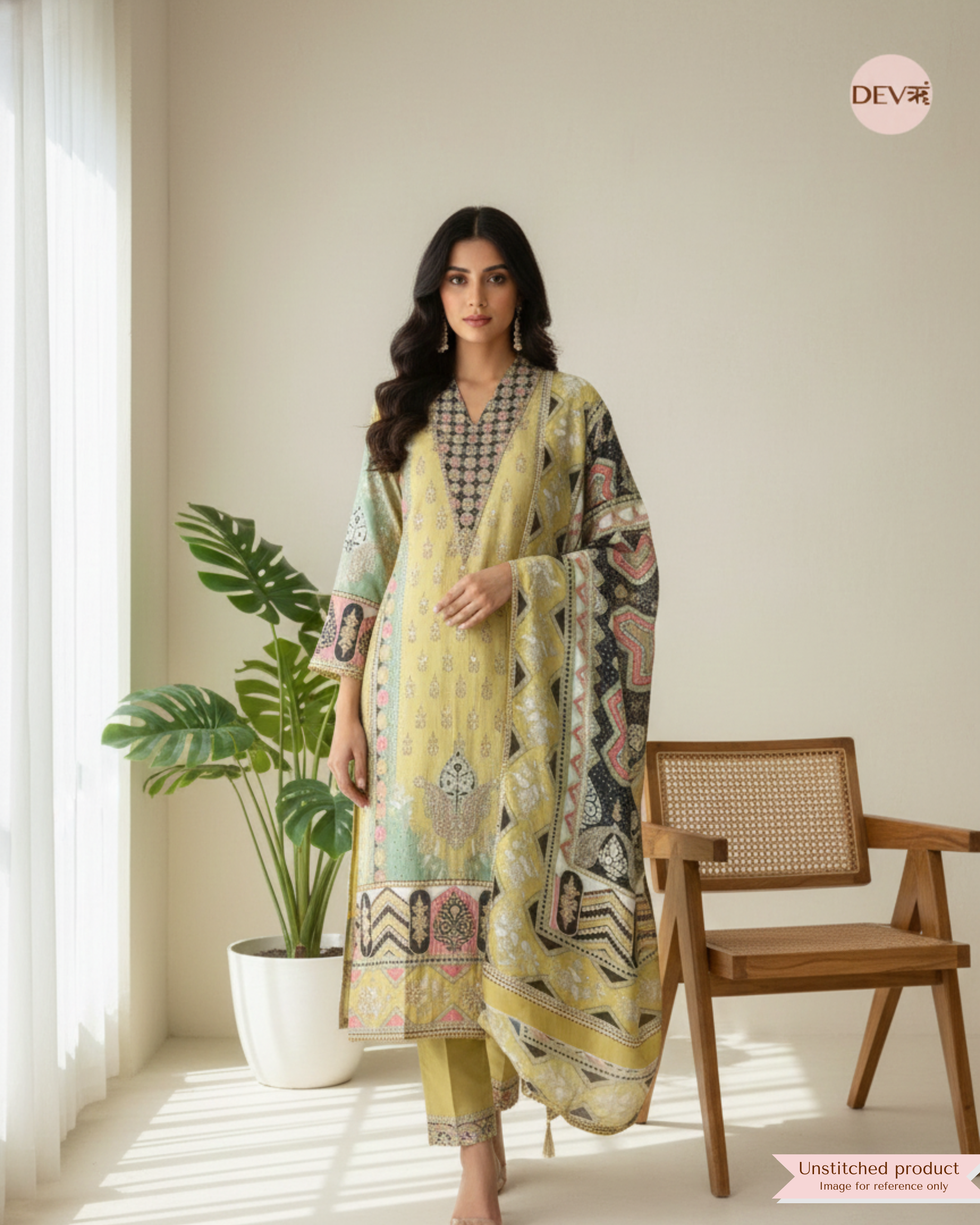 Yellow Glass Silk Semi Stitched Pakistani Printed Hand Embroidered -Set Of 3- {11876}