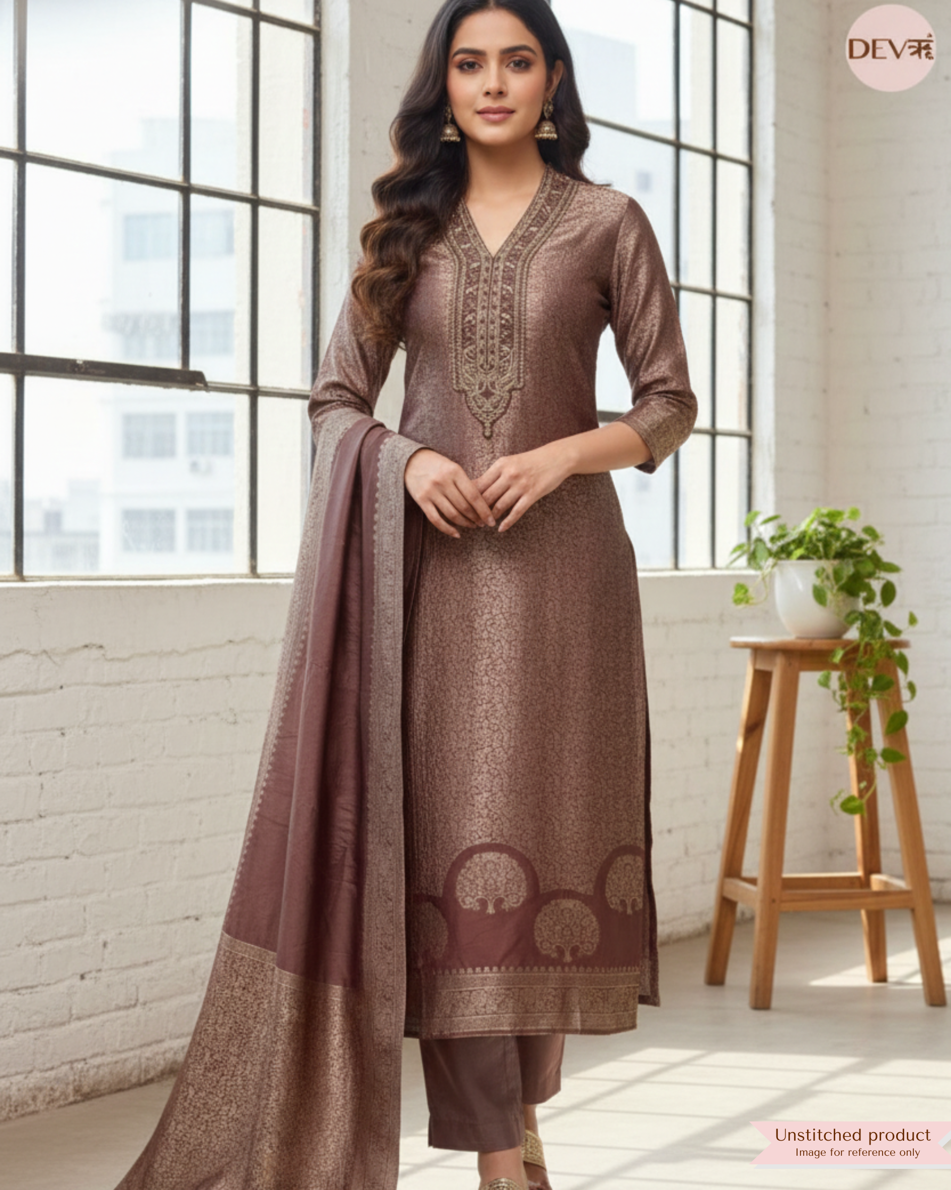 Rich Brown Pure Banarasi Silk Woven Unstitched 3-Piece Suit (Devri – D.No 12334)