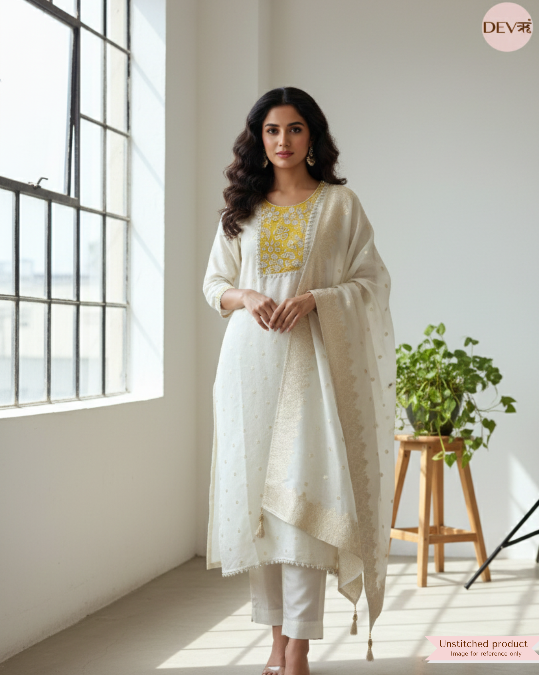 Off white Pure Shimmer Silk Unstitched Banarasi Woven -Set Of 3- {12200}