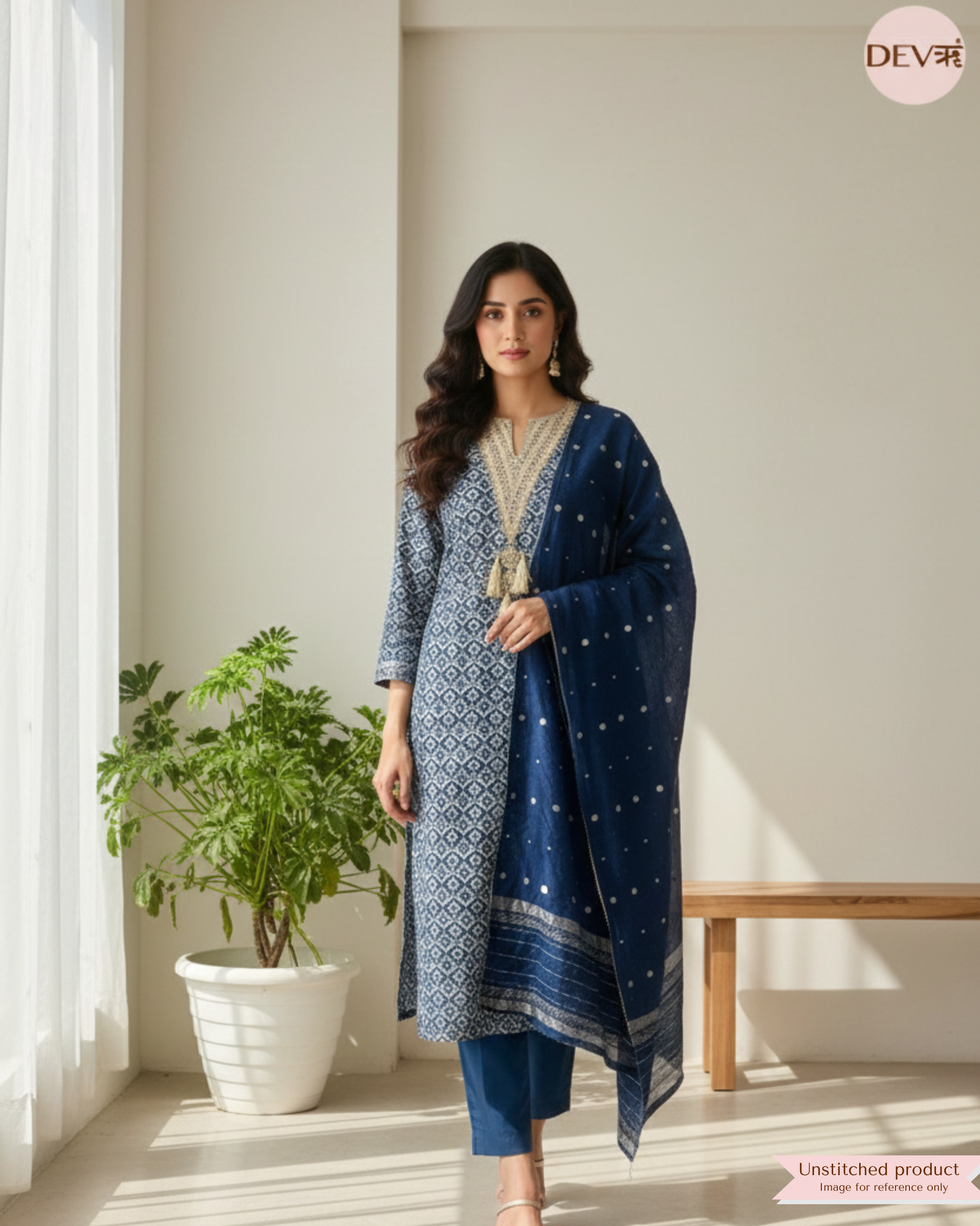 Deep navy Blue Modal Silk printed Unstitched Embroidered -Set Of 3 {11434}