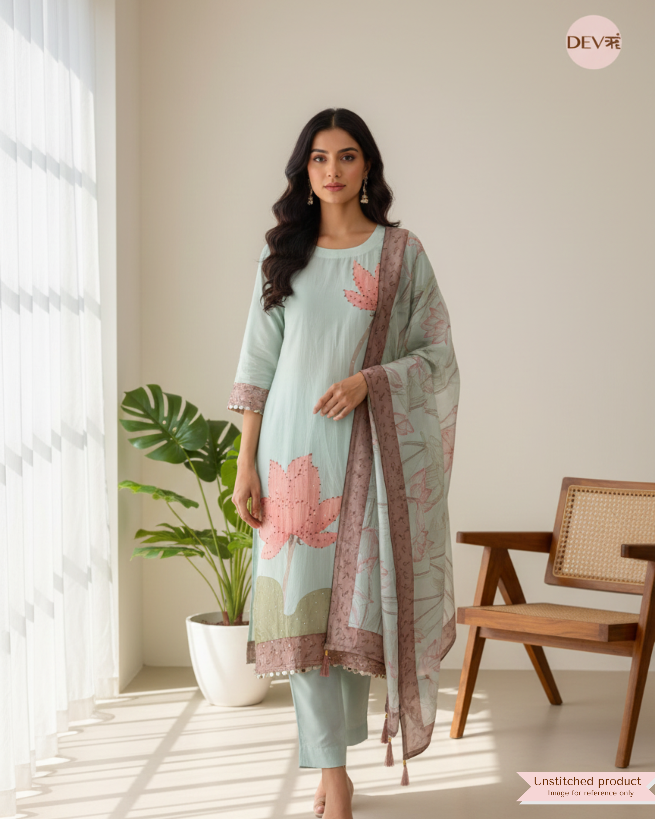 Light Pastel Green Muslin Semi- Stitched Hand Embroidered -Set Of 3 {11073}