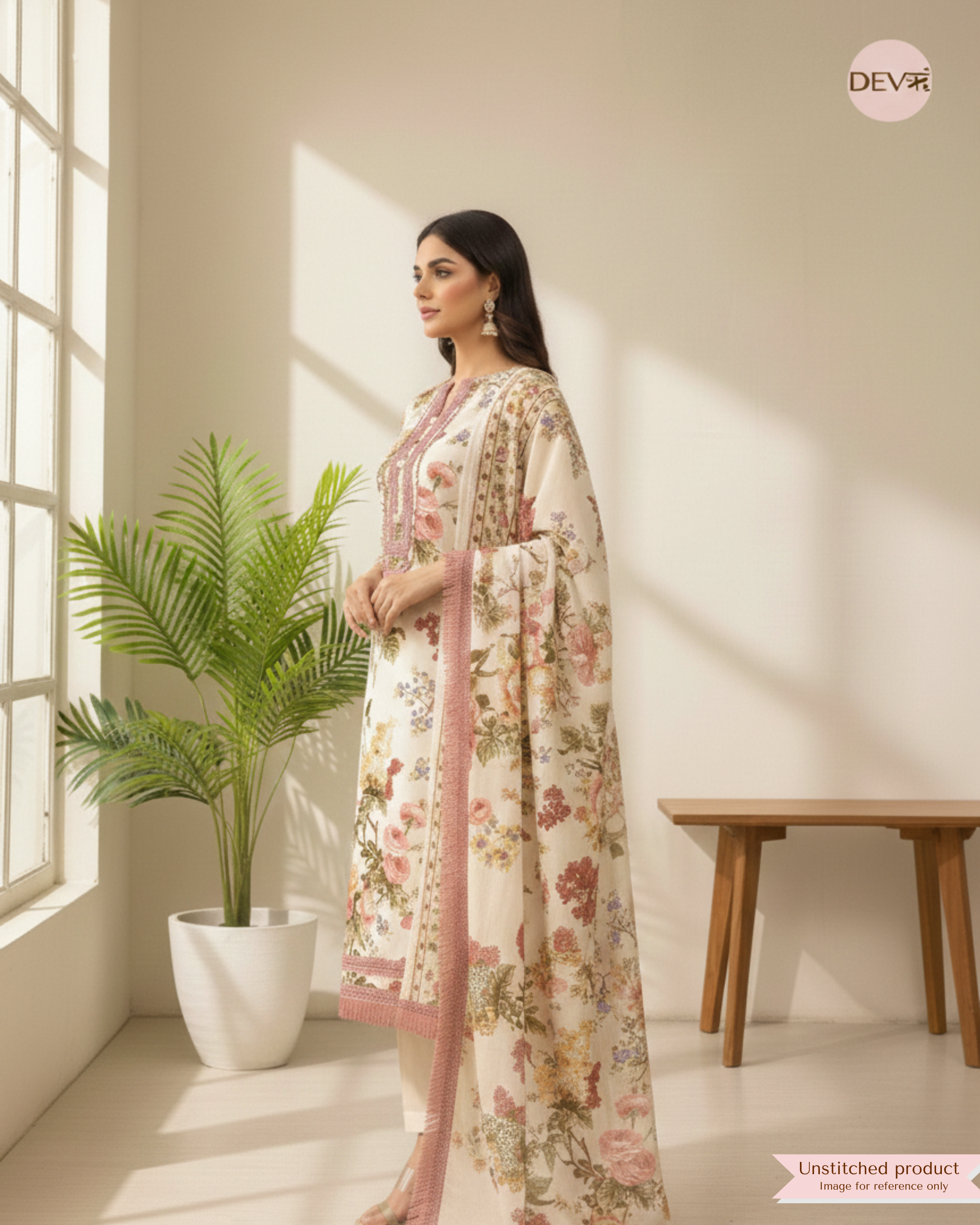 Ivory Pure Cotton Printed Unstitched 3-Piece Suit (Devri – Dno. 20001)