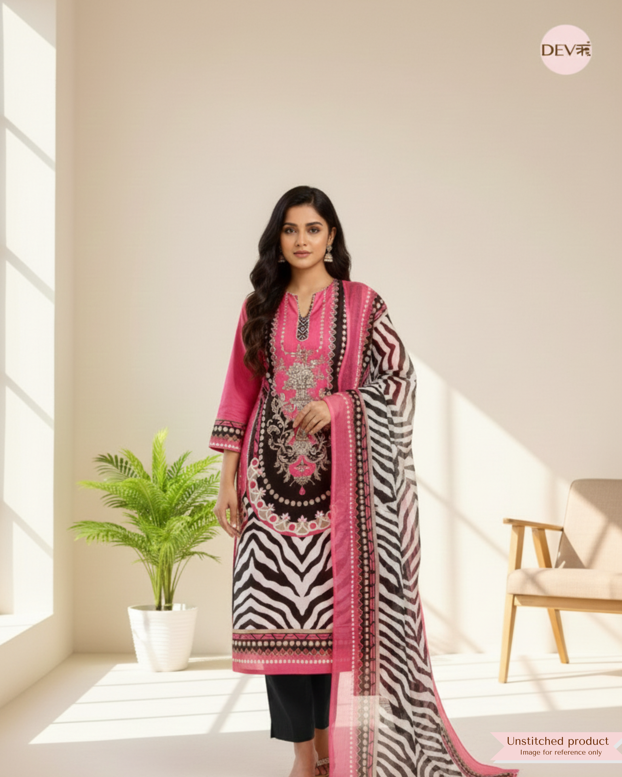 Pink Cotton Printed Unstitched -Set Of 3 - {10031}