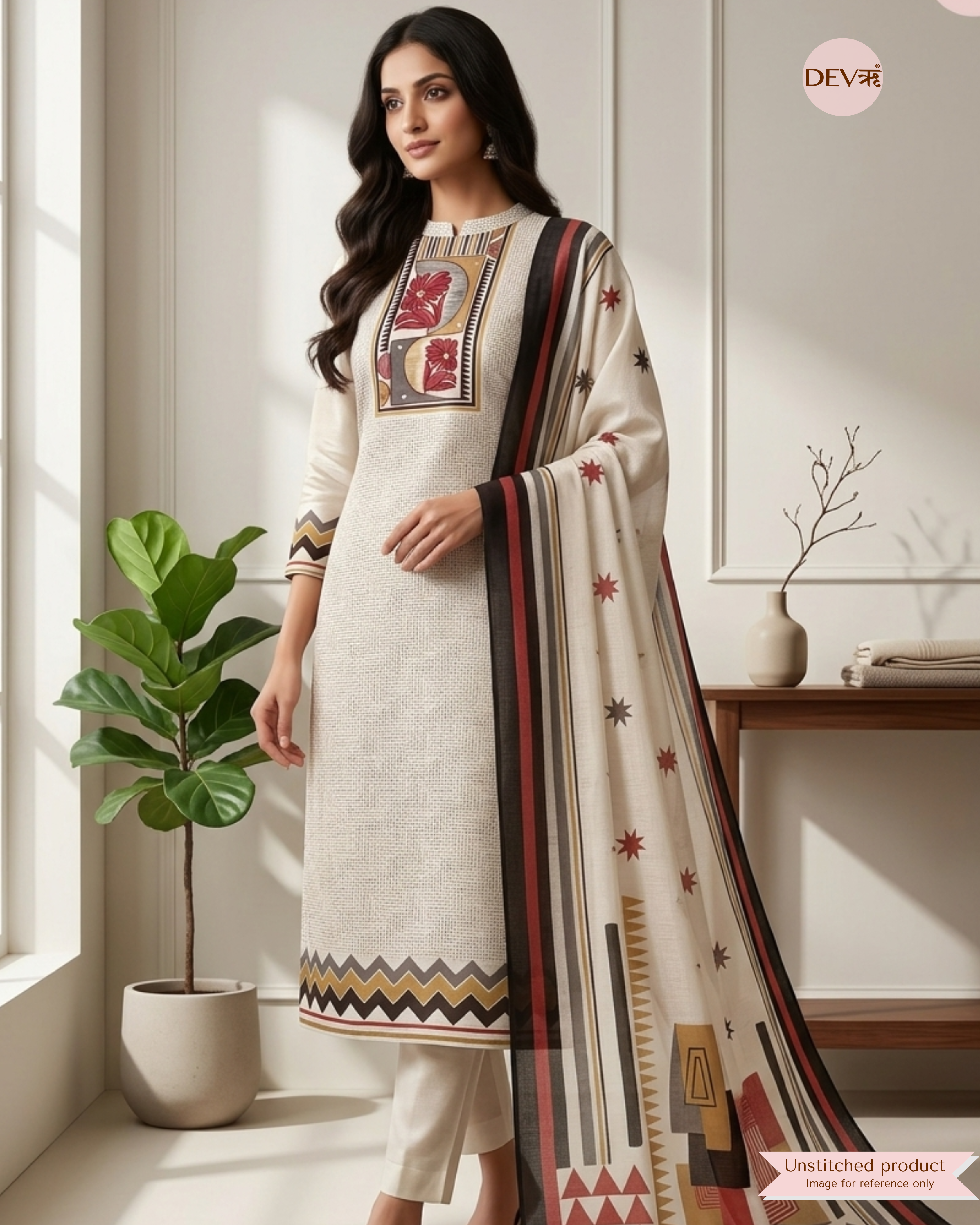 Off White Linen Cotton Printed Unstitched 3-Piece Suit (Devri – D.No 13062)