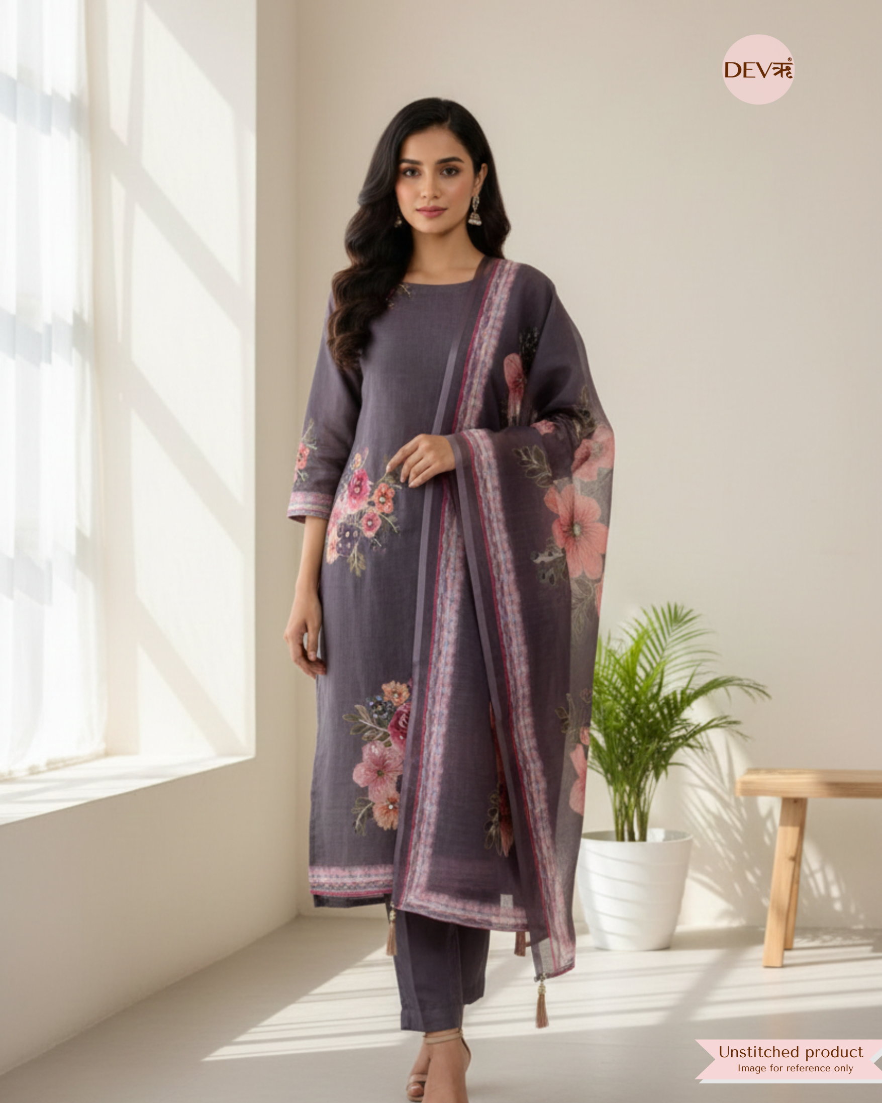 Plum Grey Linen Printed Unstitched 3-Piece Suit (Devri – D.No 12373)