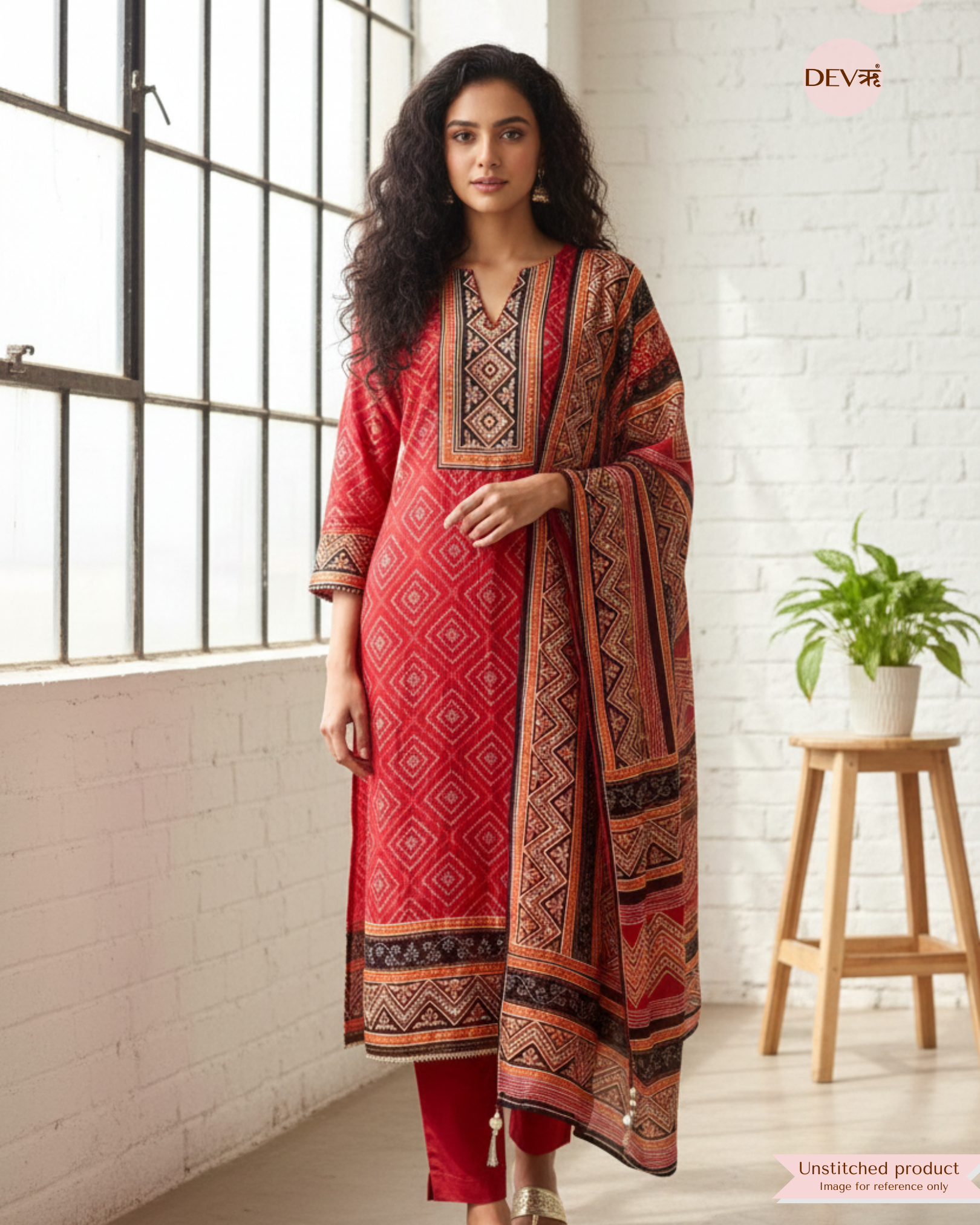 Red Pure russian silk Printed Unstitched Hand Embroidered -Set Of 3 - {12198}