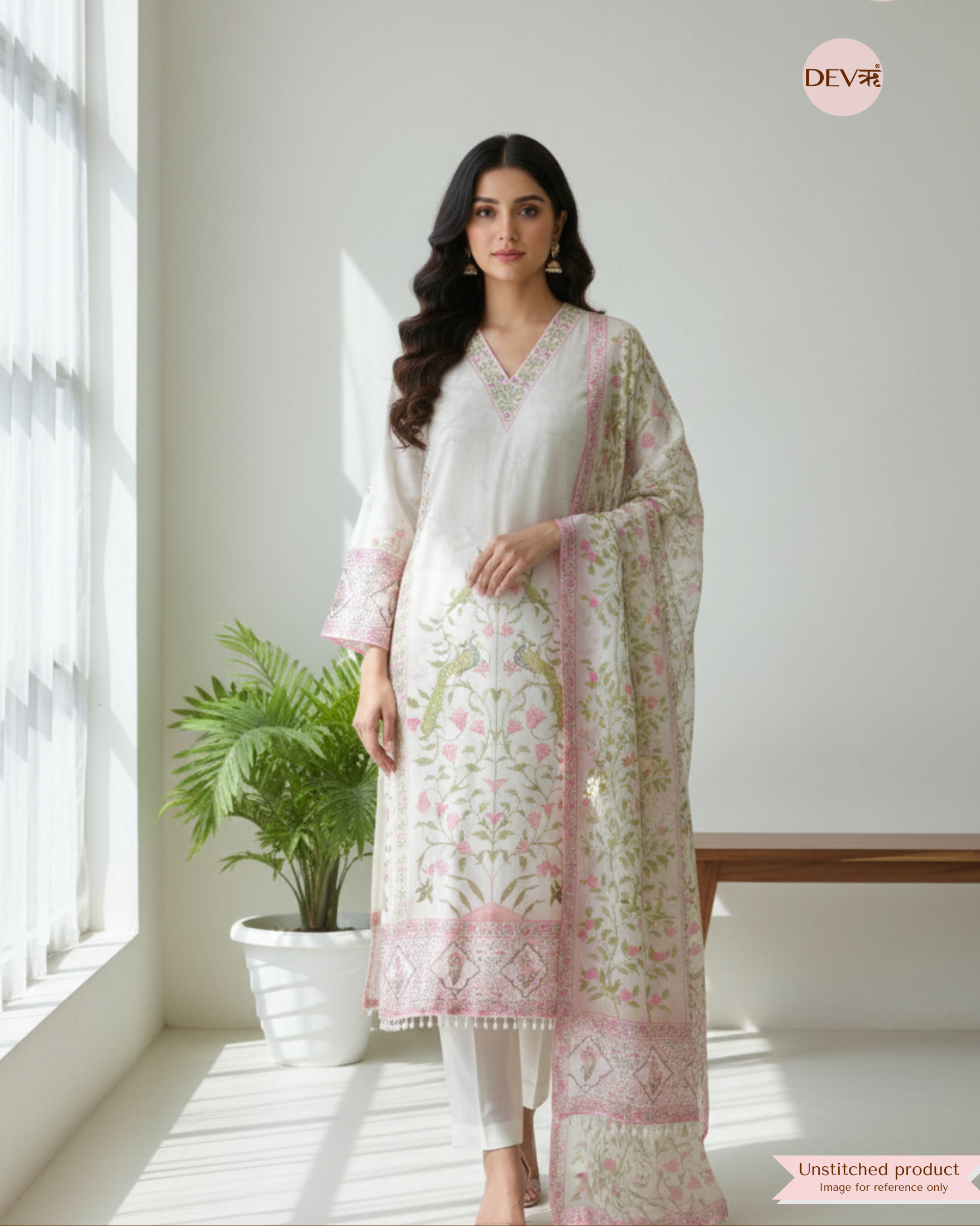 White Organza Printed Semi Stitched Hand Embroidered -Set Of 3 {11094}