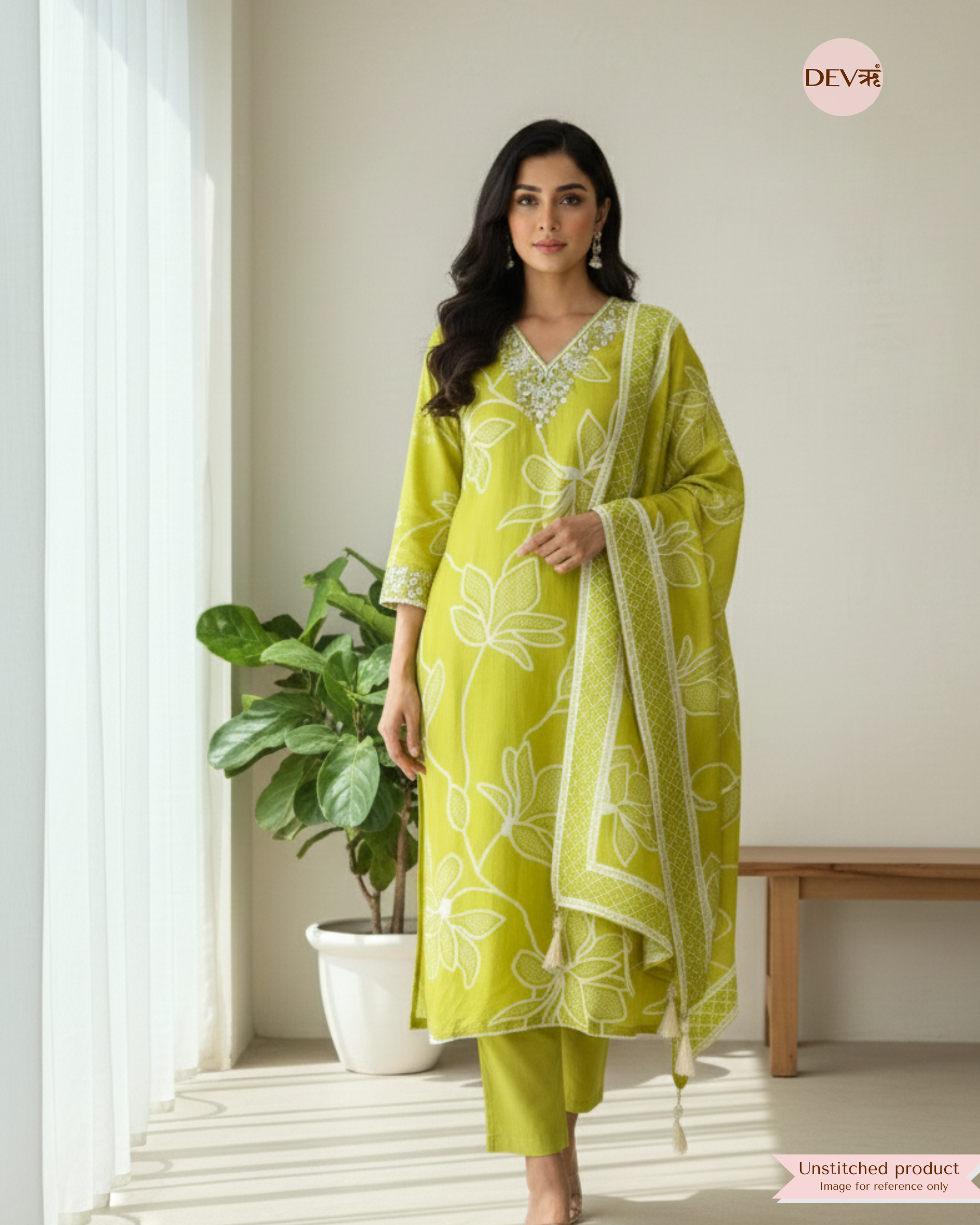 Green Russian Silk Printed Unstitched Hand Embroidered -Set Of 3 {11647}