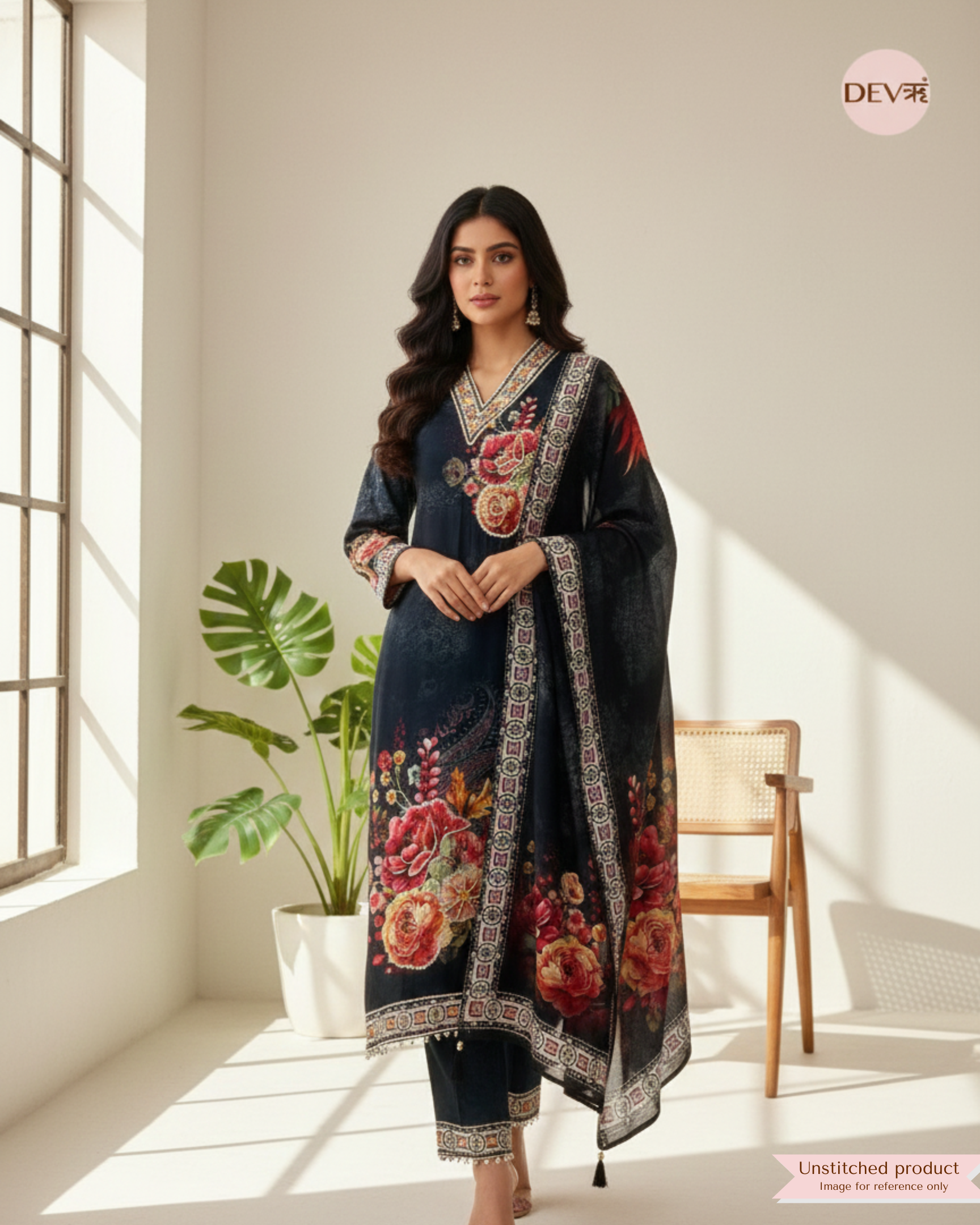 Midnight Blue Organza Silk Printed Unstitched 3-Piece Suit (Devri – D.No 12363)