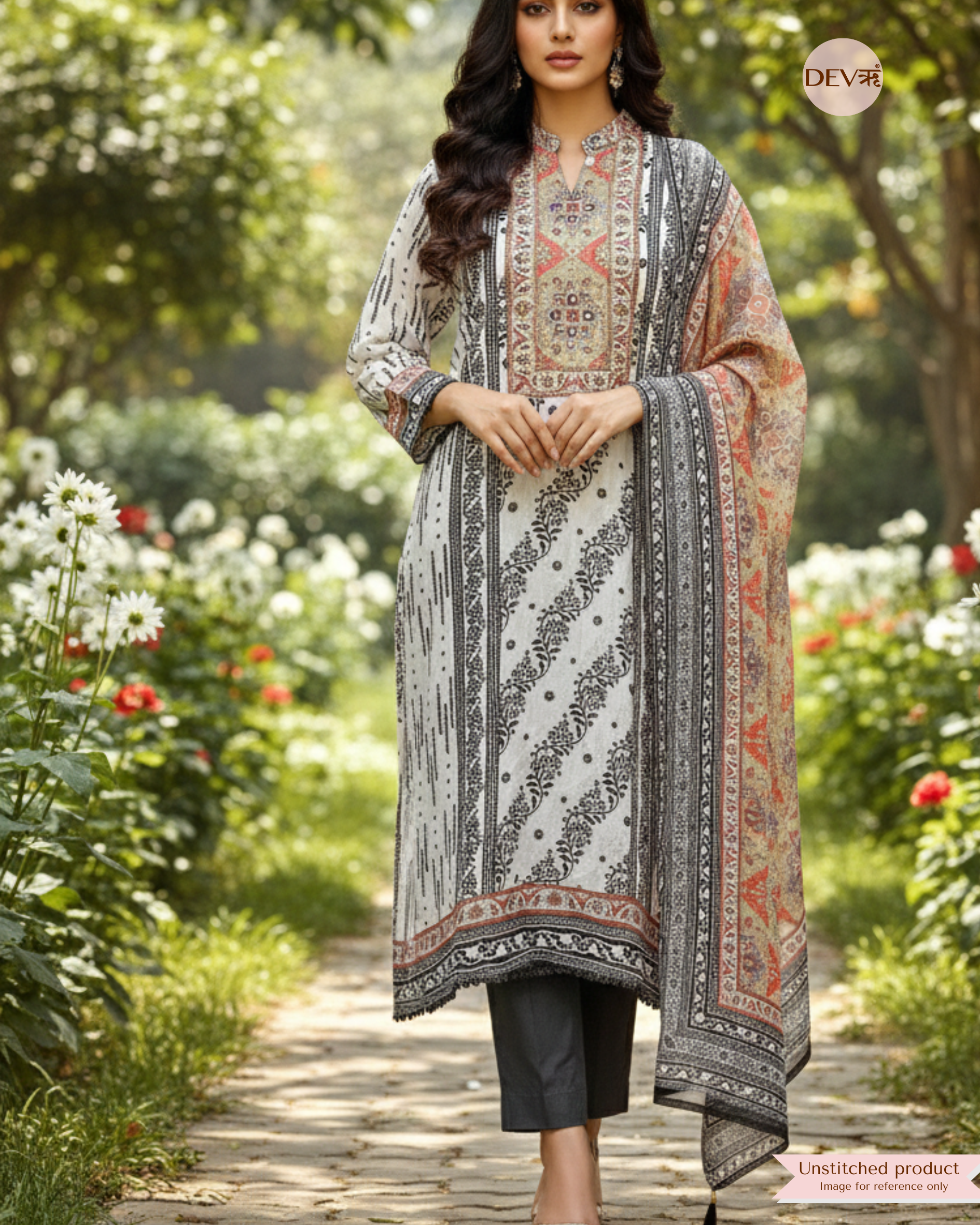 Beige Organza Printed Semi Stitched Hand Embroidered -Set Of 3 {11088}