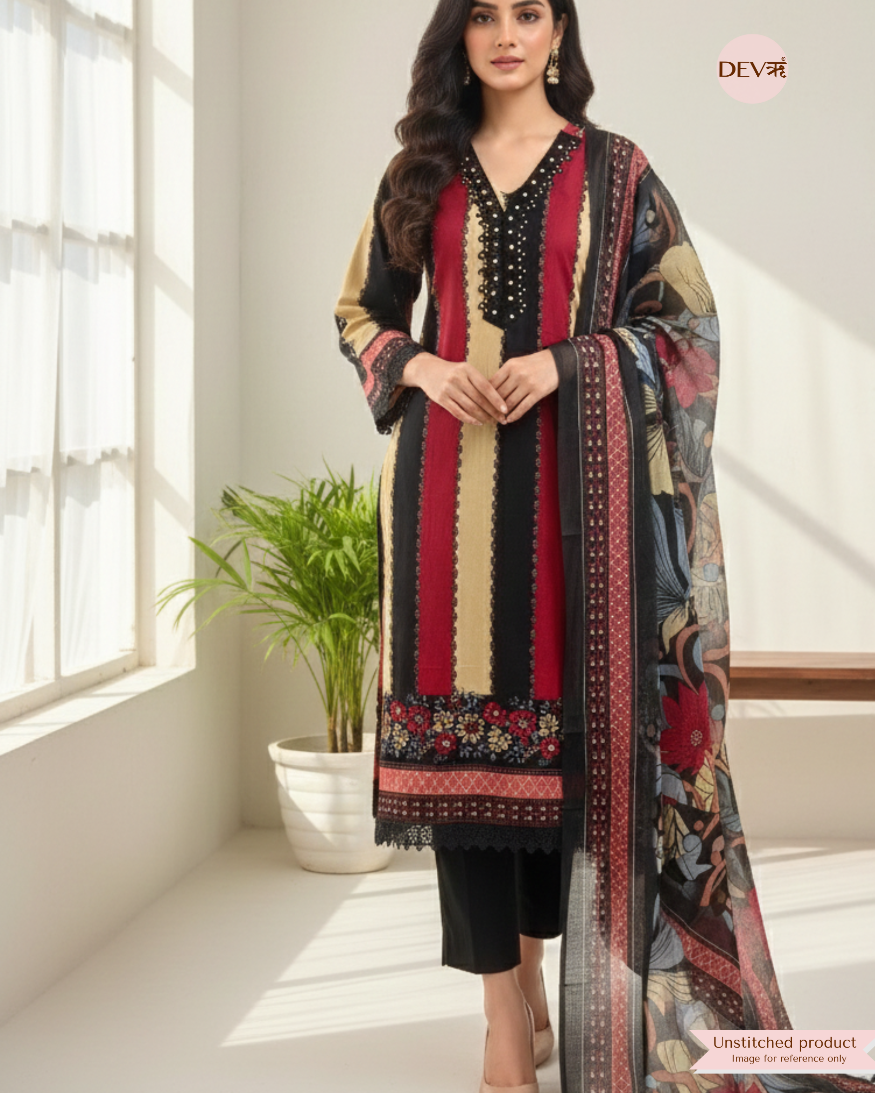 Multi Colour Cotton Unstitched Printed Embroidered -Set Of 3 {11705}