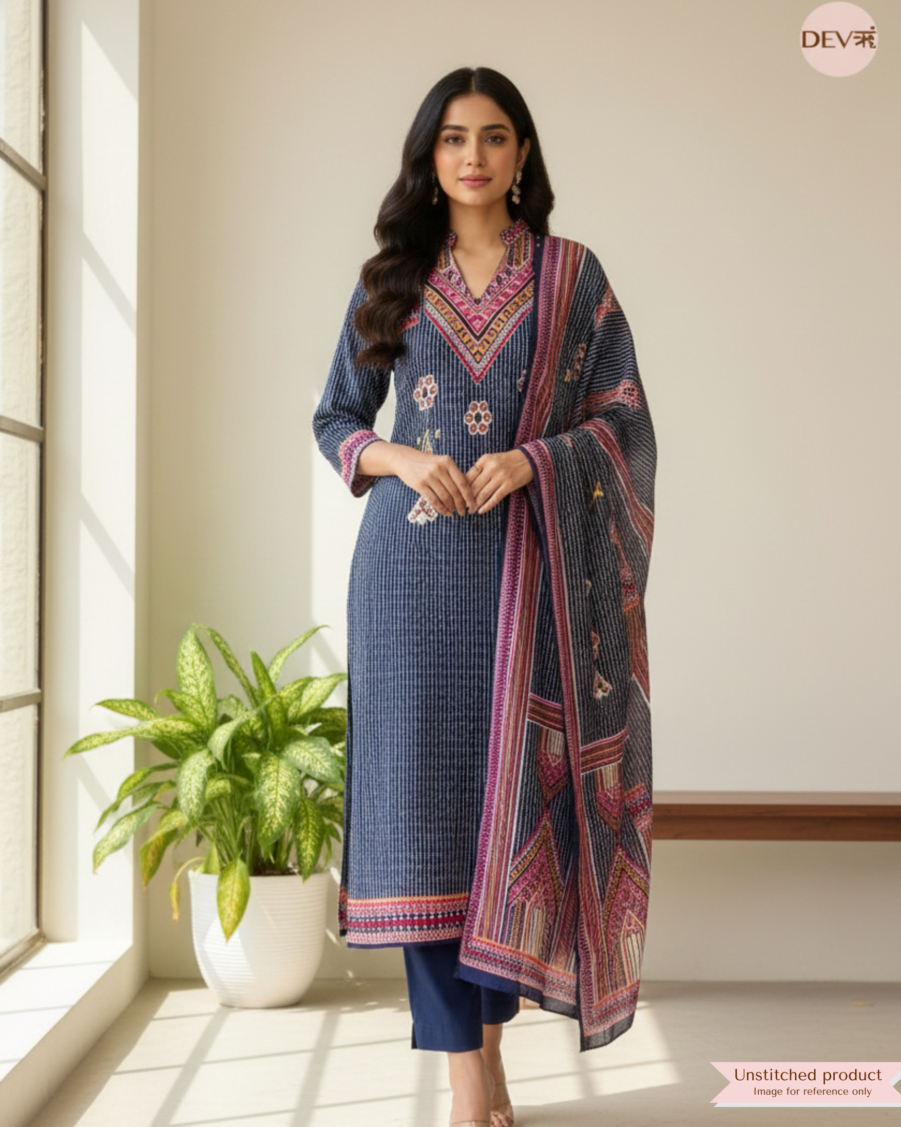 Navy Printed Muslin Unstitched 3-Piece Suit (Devri – D.No 12291)