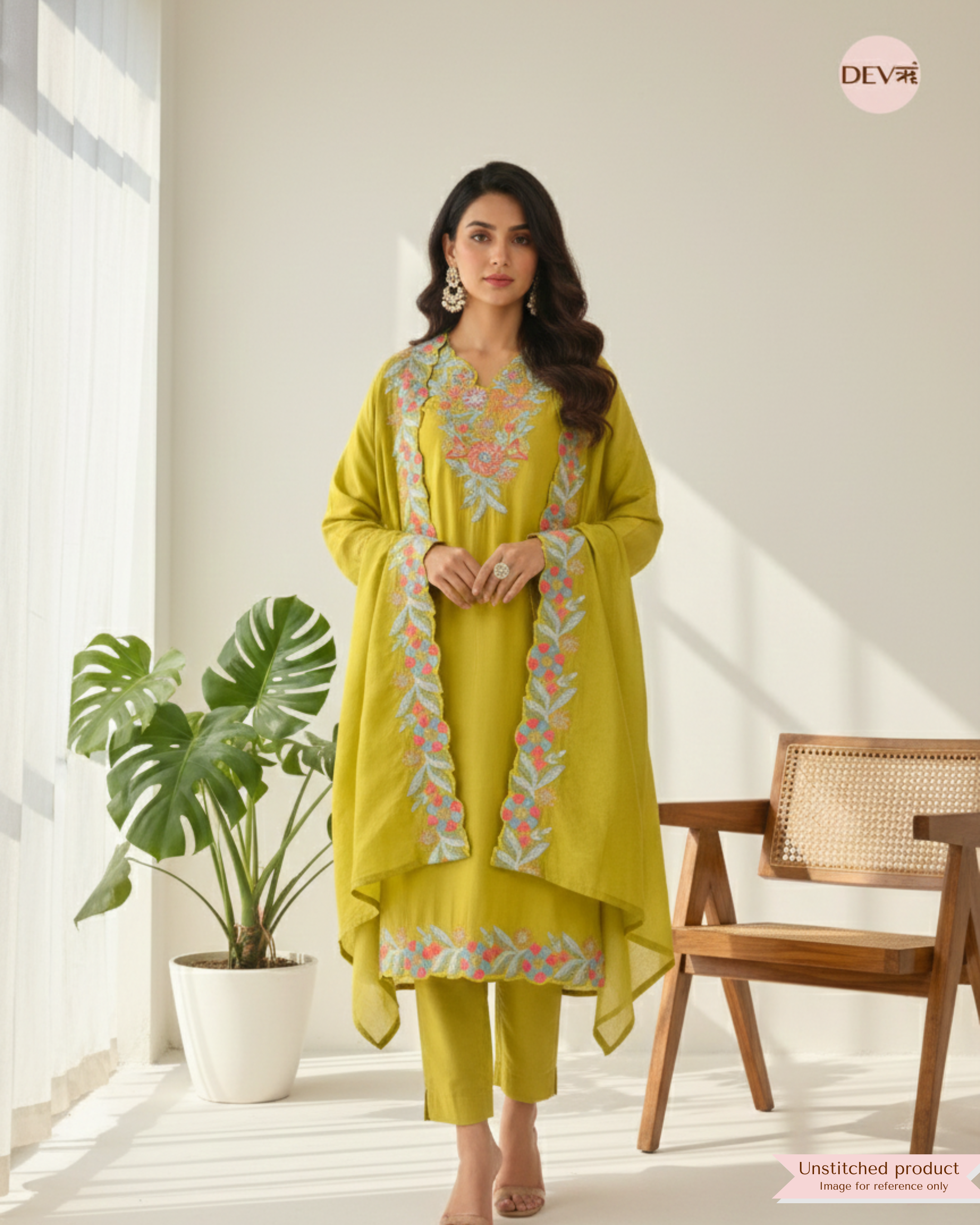 Olive Green Roman Silk Embroidered Unstitched 3-Piece Suit (Devri – D.No 12349)