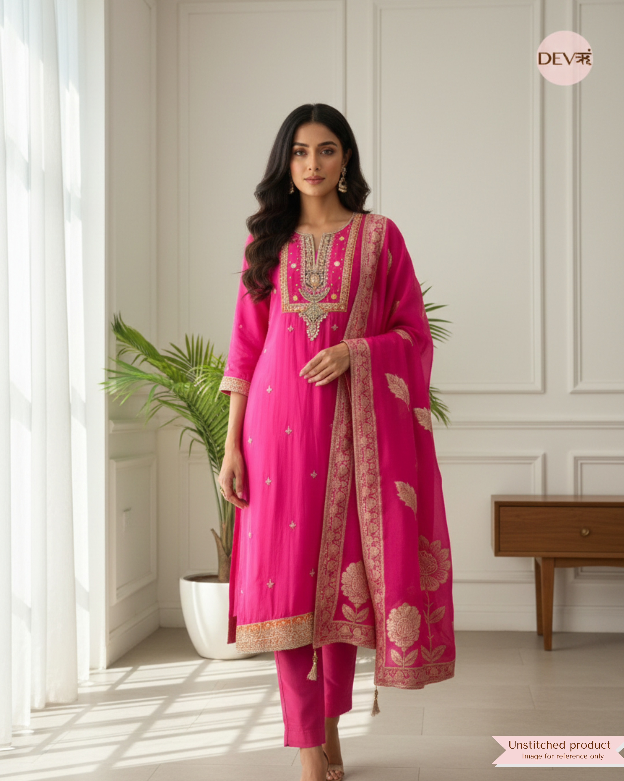 Rani Pink Organza Silk Embroidered Unstitched 3-Piece Suit (Devri – D.No 12376)