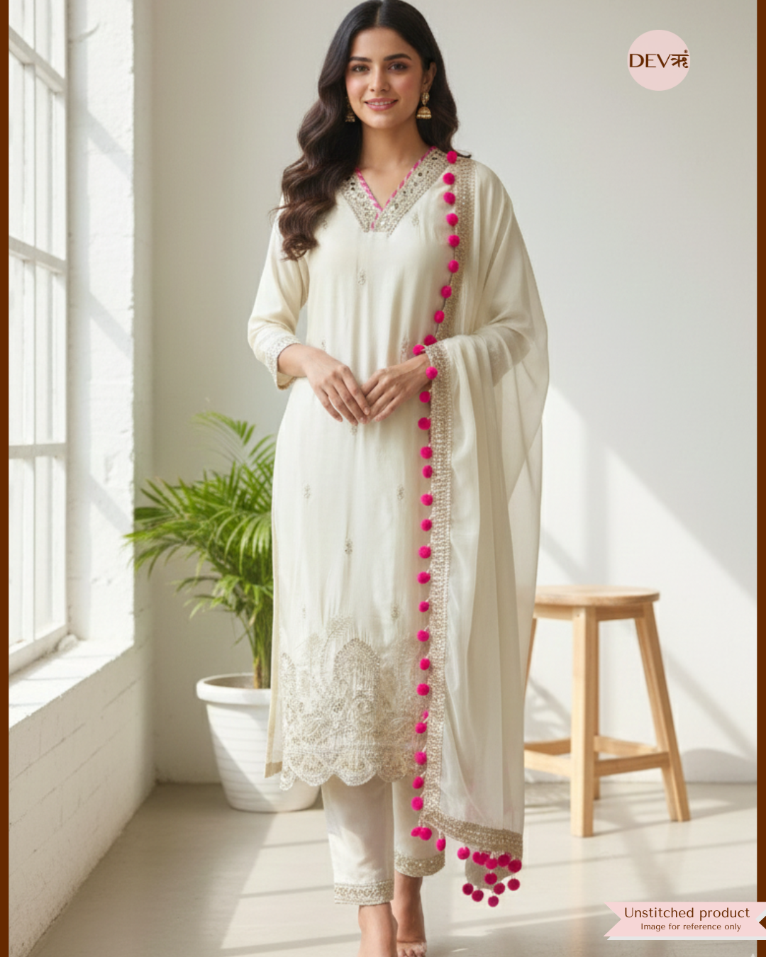 Ivory Shimmer Silk Embroidered Unstitched 3-Piece Suit (Devri – D.No 11929)