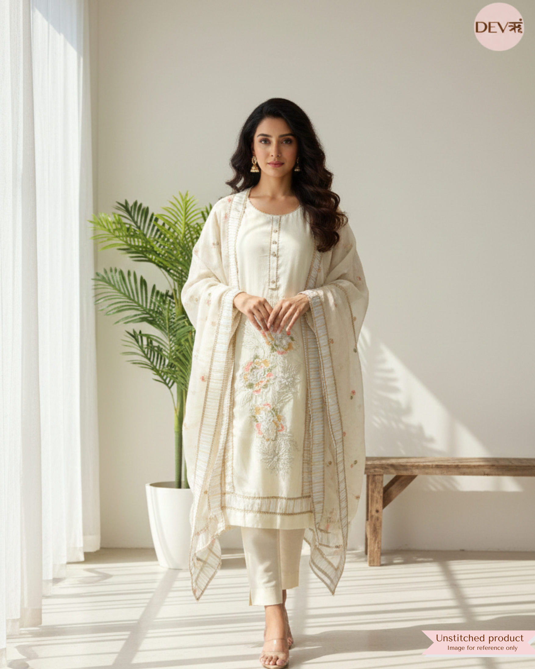 White Tissue Shimmer Silk Unstitched Hand Embroidered -Set Of 3 - {11822}