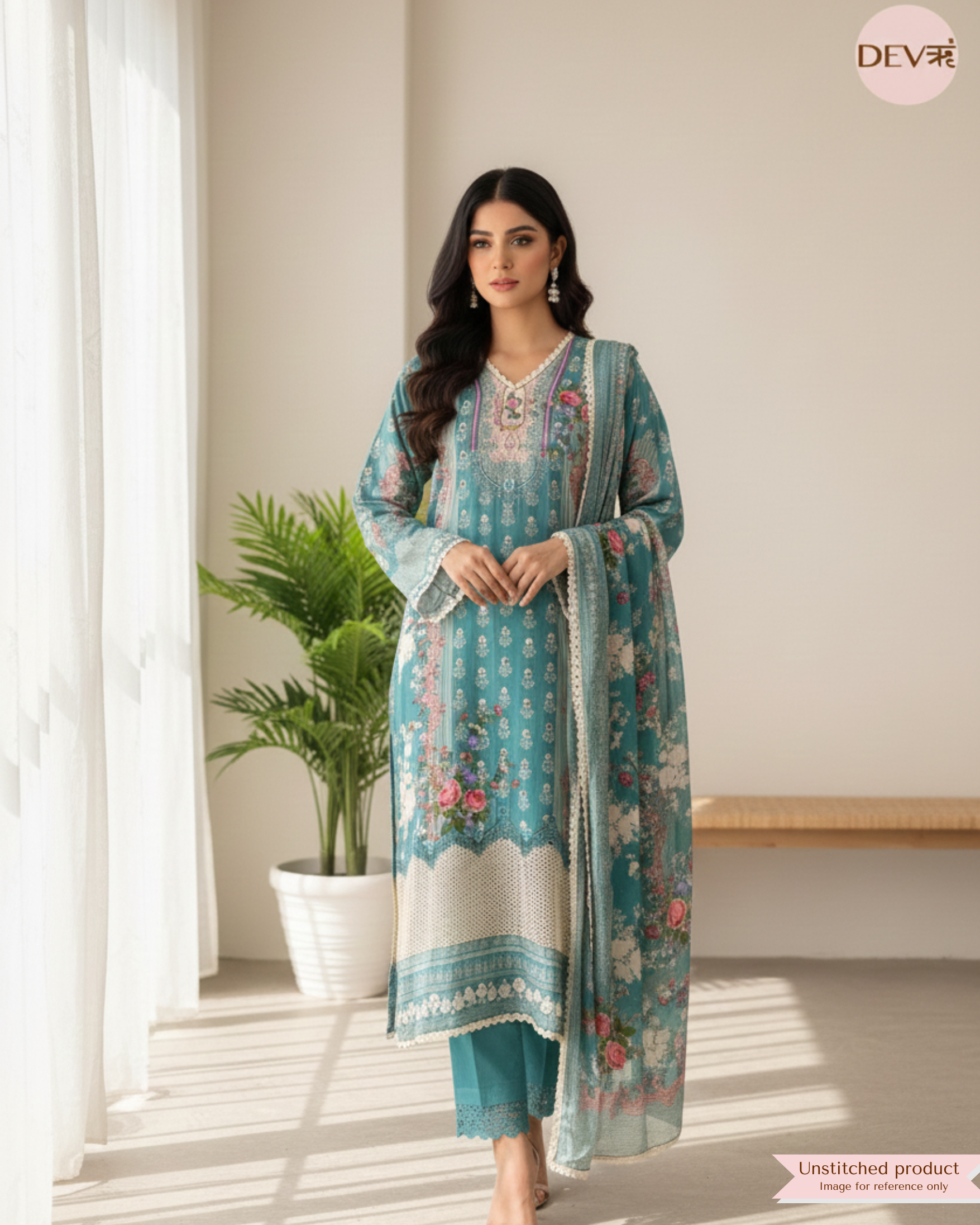 Green Muslin Printed Semi Stitched Hand Embroidered -Set Of 3 {11571}
