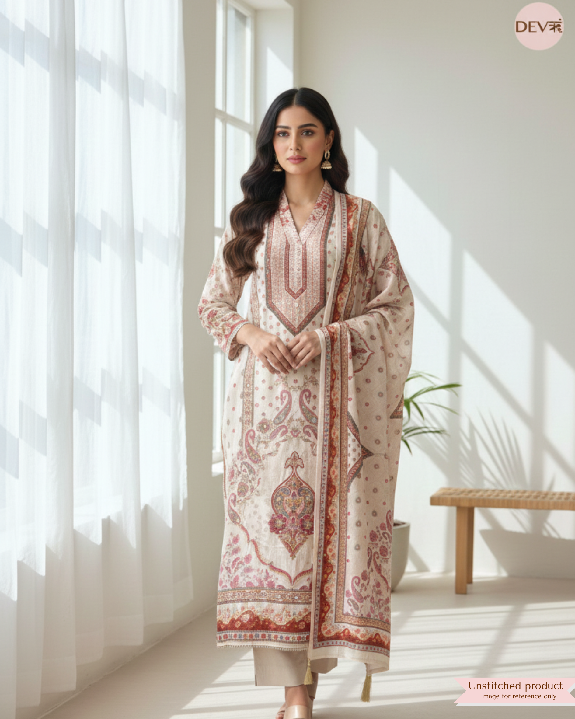 Beige Glass Organza Printed Unstitched 3-Piece Suit (Devri – D.No 12254)