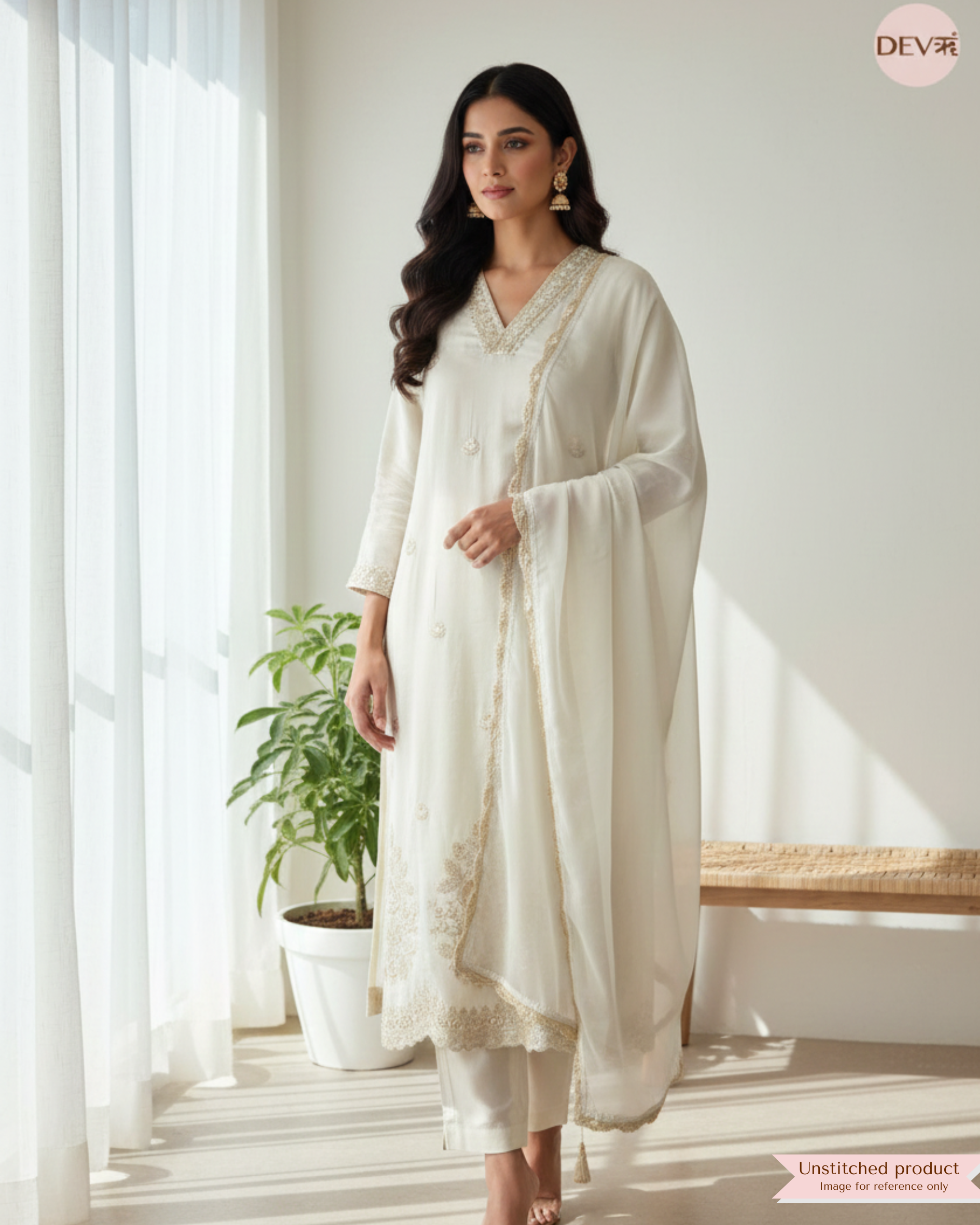 Ivory Tissue Shimmer Silk Embroidered Unstitched 3-Piece Suit (Devri – D.No 12114).