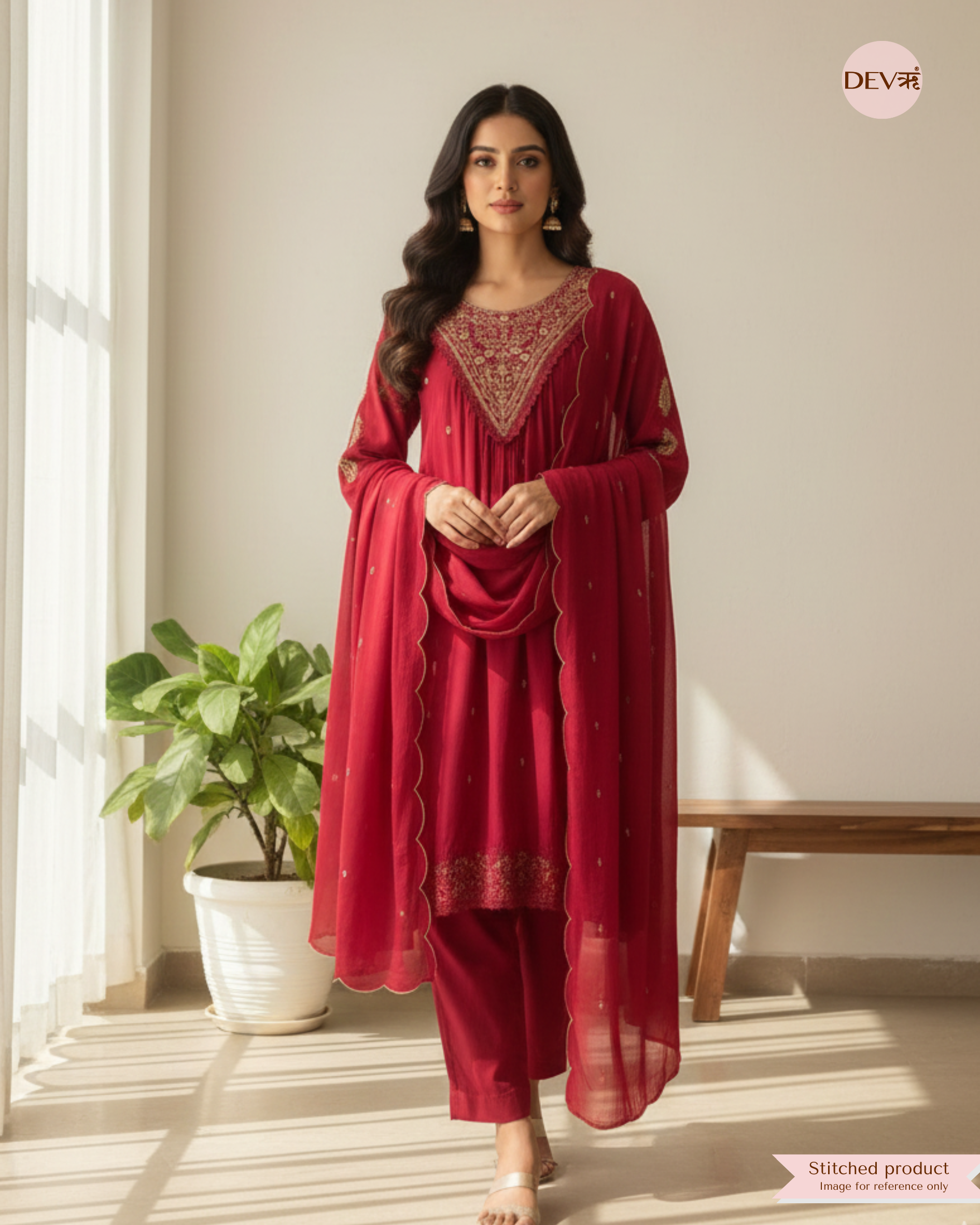 Vasundhra Mul Chanderi Embroidered Magenta 3-Piece Set (Devri – D.No 2039)