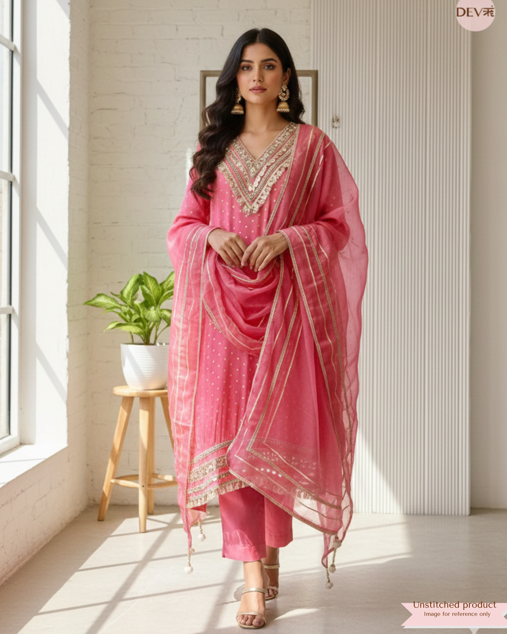 Rose Pink Tissue Shimmer Embellished Unstitched 3-Piece Suit (Devri – D.No 12364)