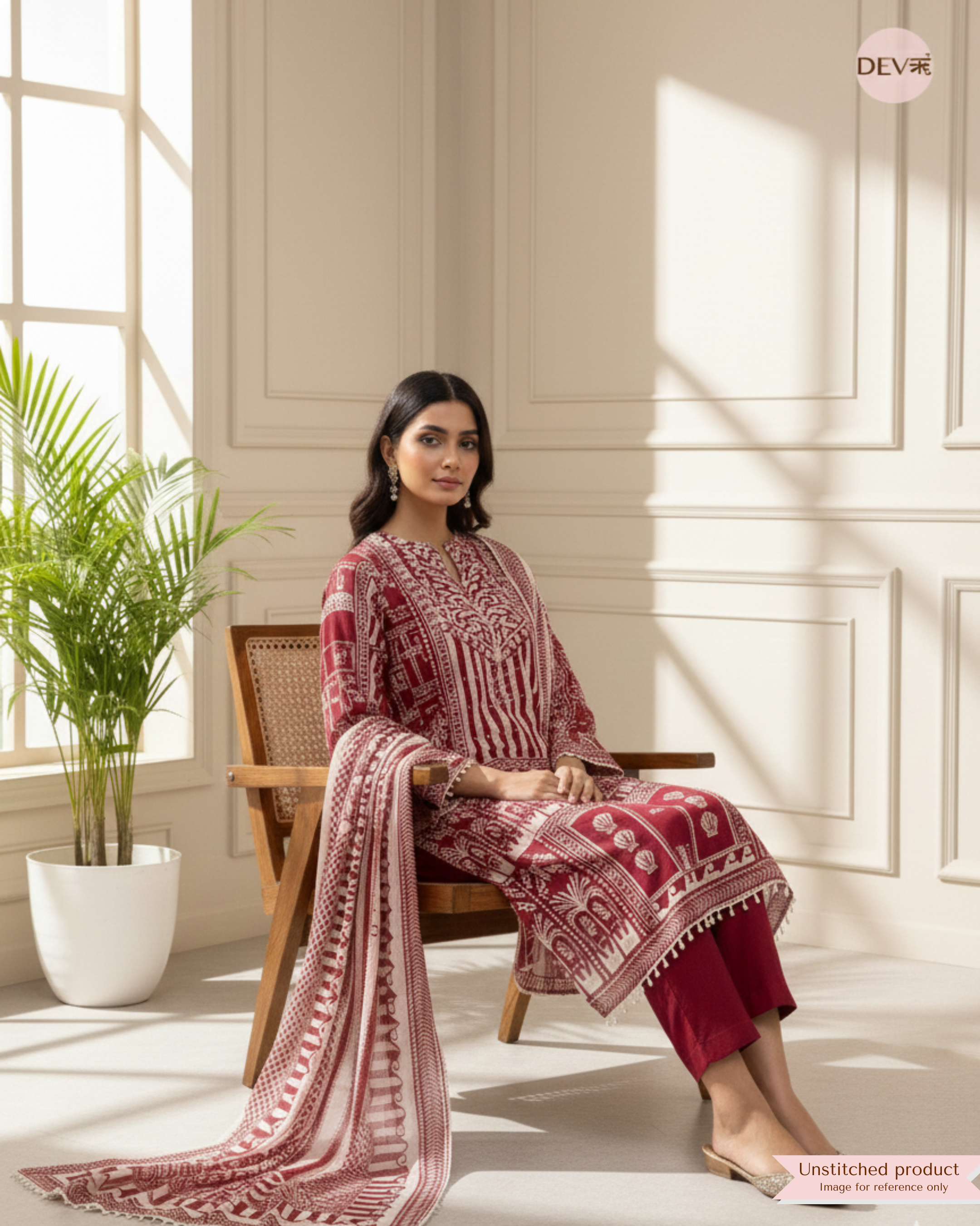 Maroon and White Organza Printed Unstitched 3-Piece Suit (Devri – D.No 12386)