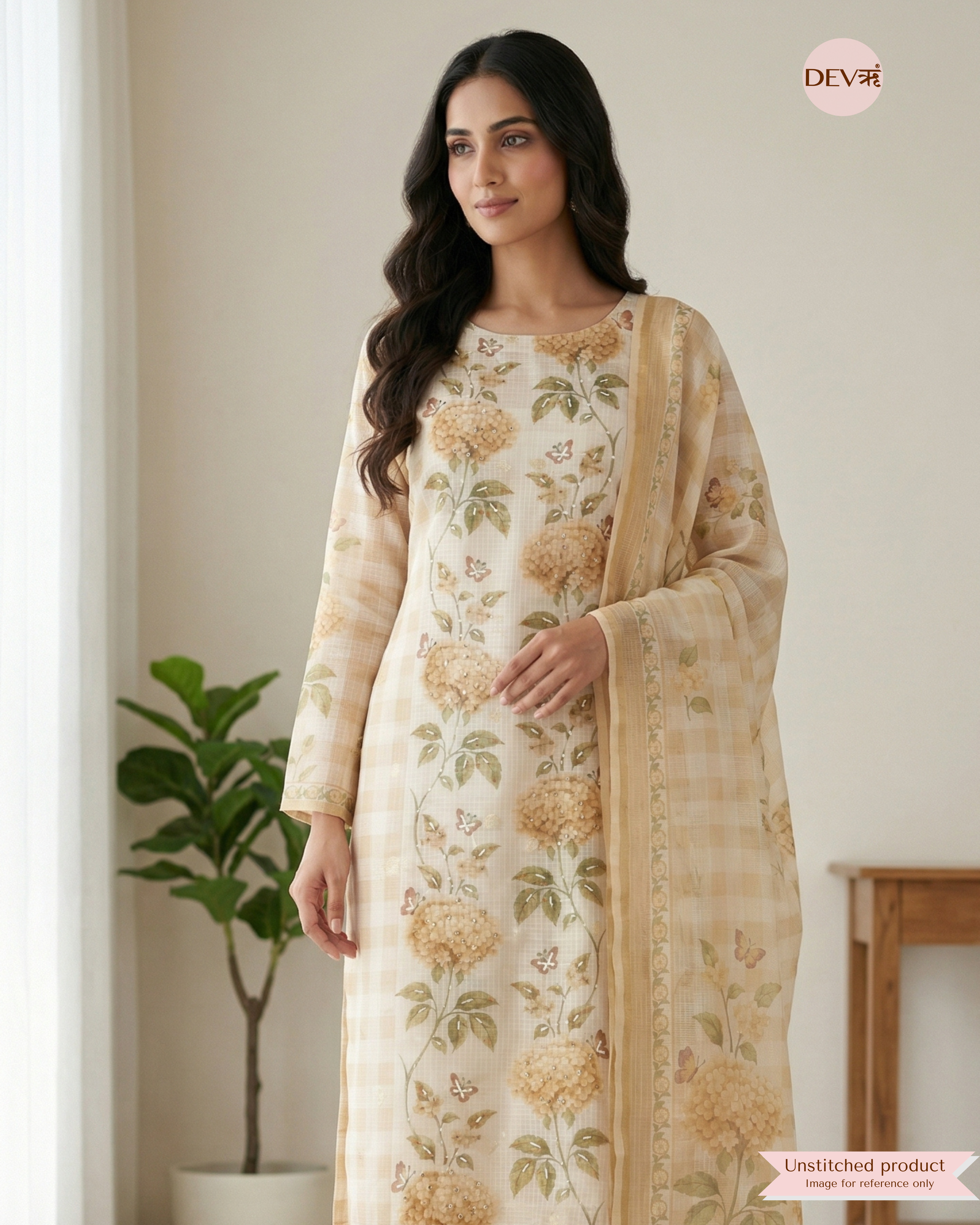 Beige Kota Printed Unstitched 3-Piece Suit (Devri – D.No 13160)