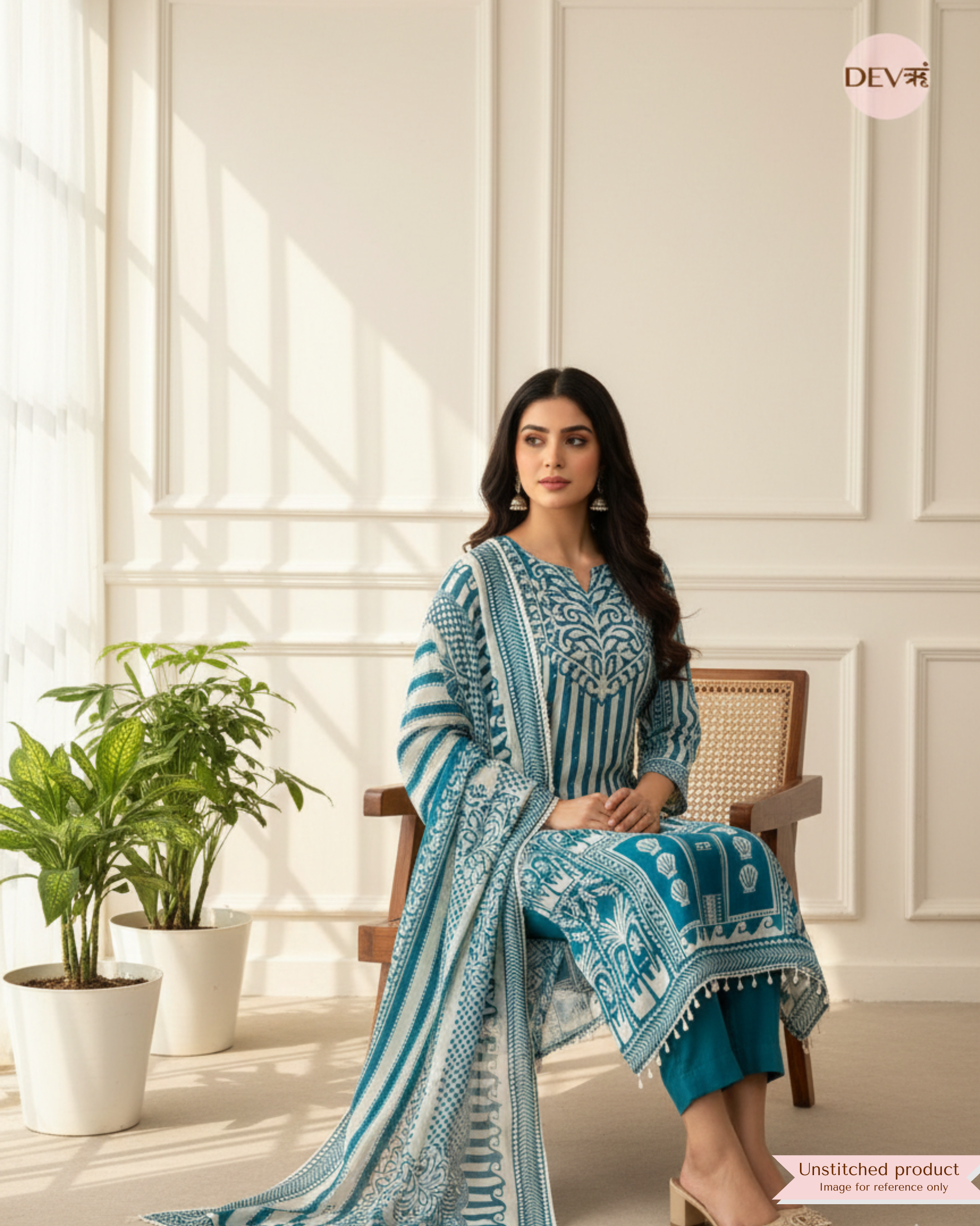 Teal and White Organza Printed Unstitched 3-Piece Suit (Devri – D.No 12389)