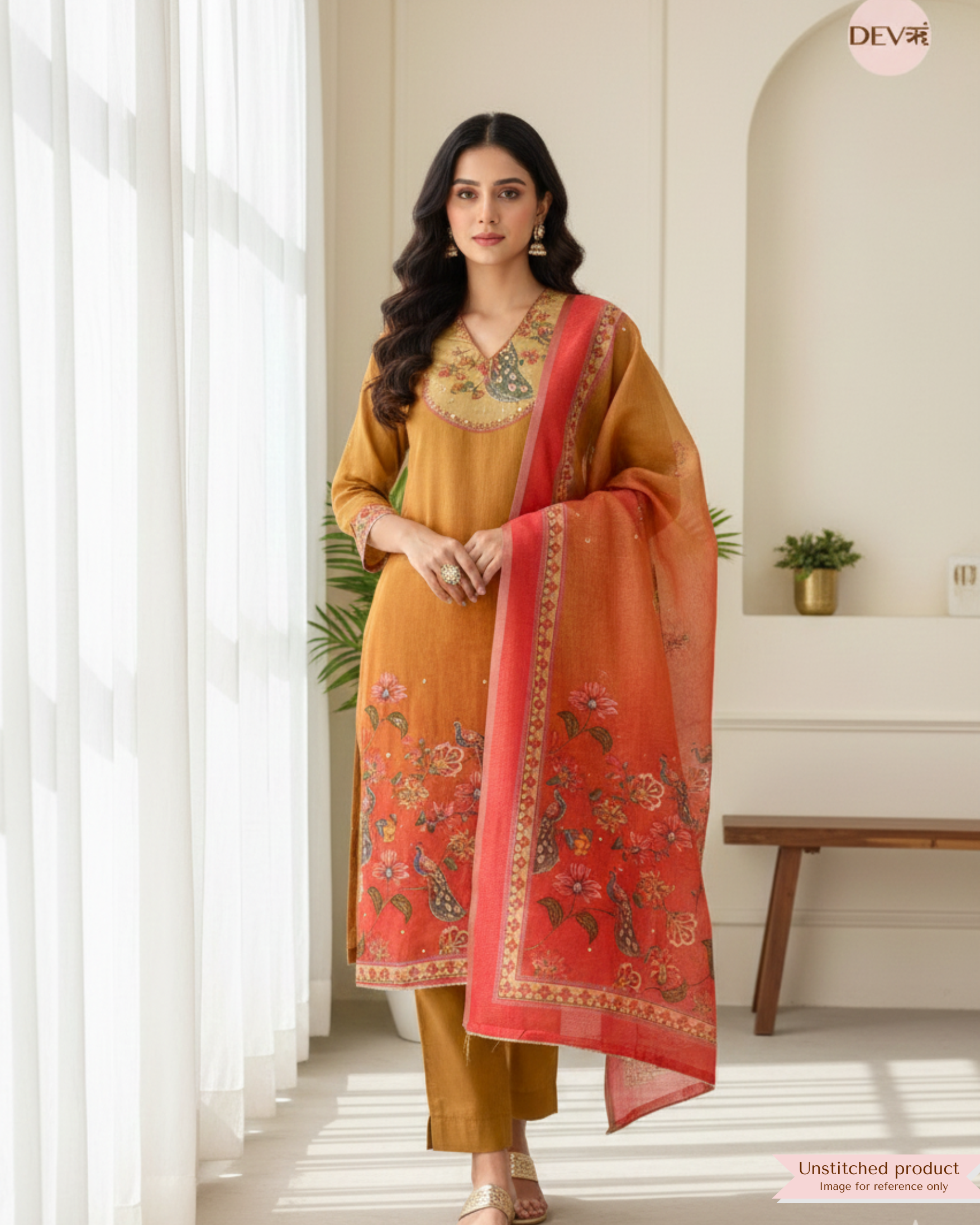 Mustard Red Linen Printed Unstitched 3-Piece Suit (Devri – D.No 12295)