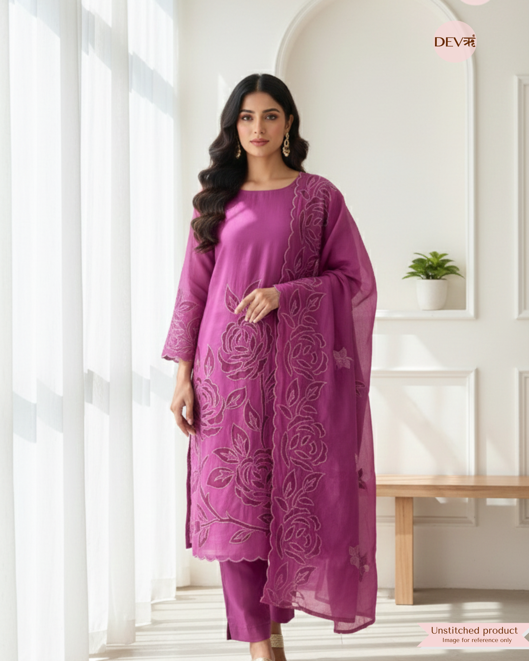 Magenta Mul Chanderi Embroidered Unstitched 3-Piece Suit (Devri – D.No 12326)