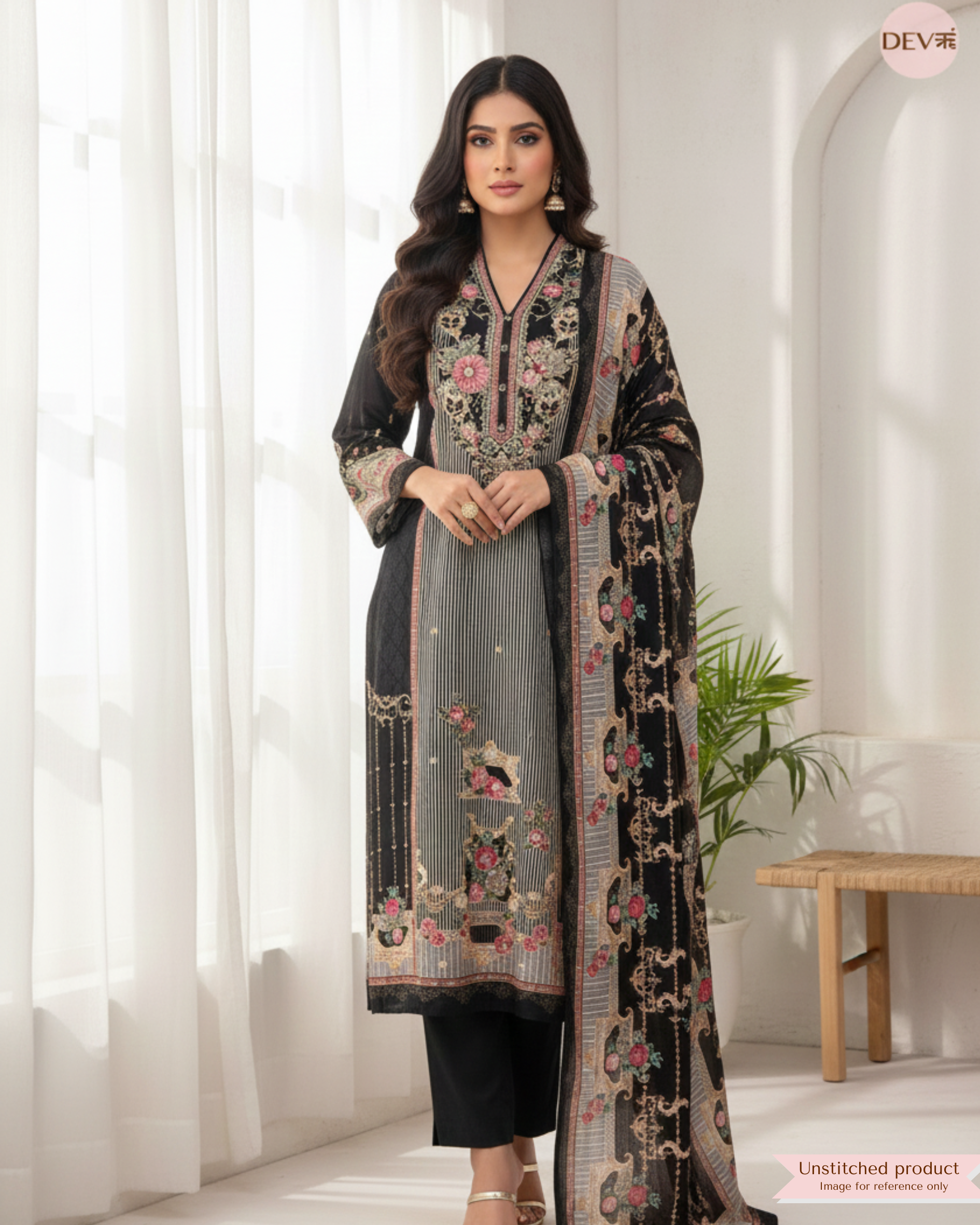 Black Pure Muslin Printed Unstitched 3-Piece Suit (Devri – D.No 12230)