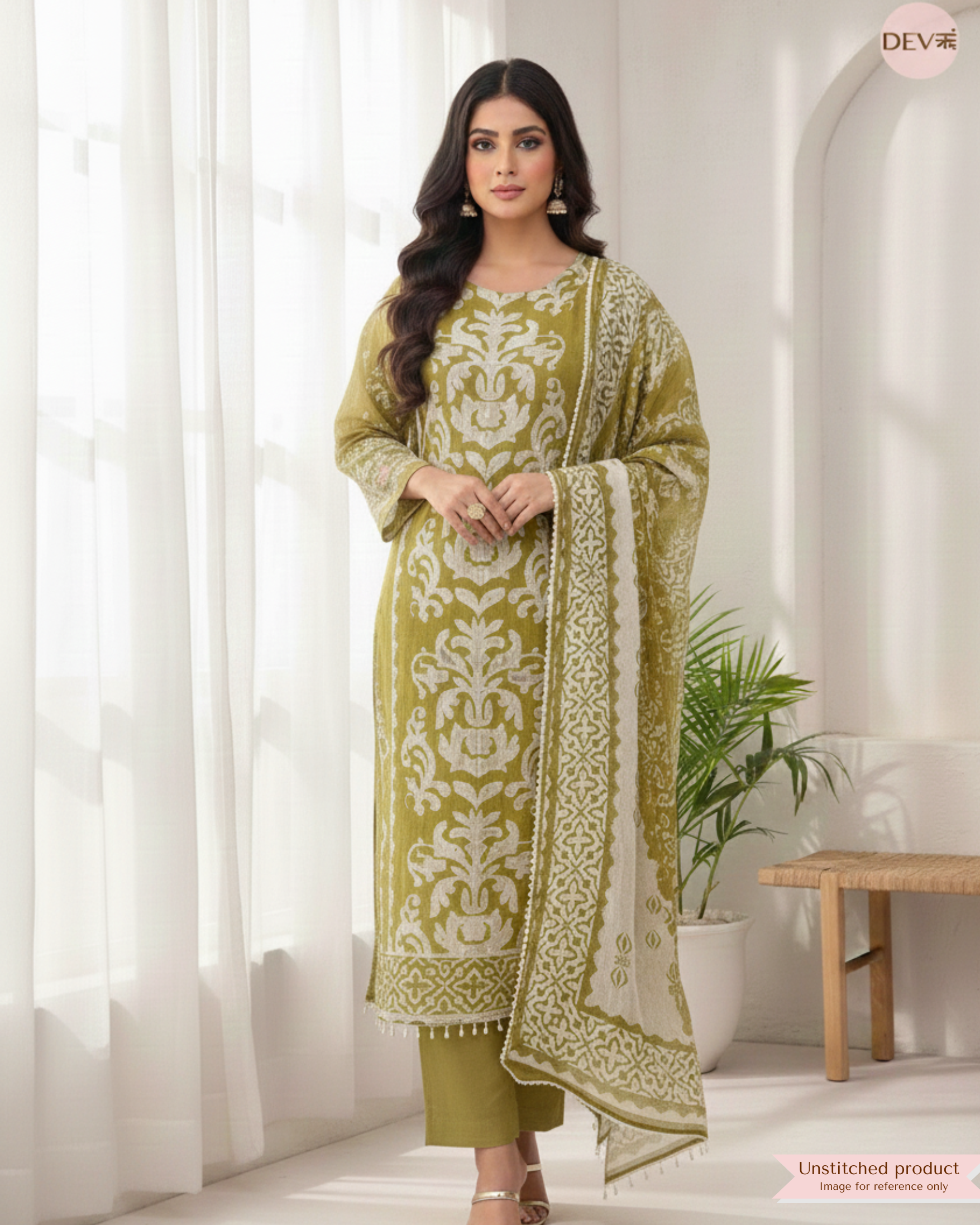 Olive Organza Printed Unstitched 3-Piece Suit (Devri – D.No 12239)