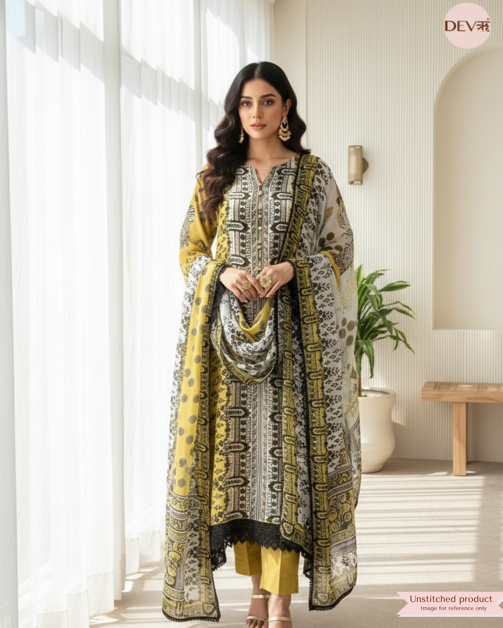 Yellow Organza Semi Stitched Pakistani Printed - Set Of 3 - {7017}