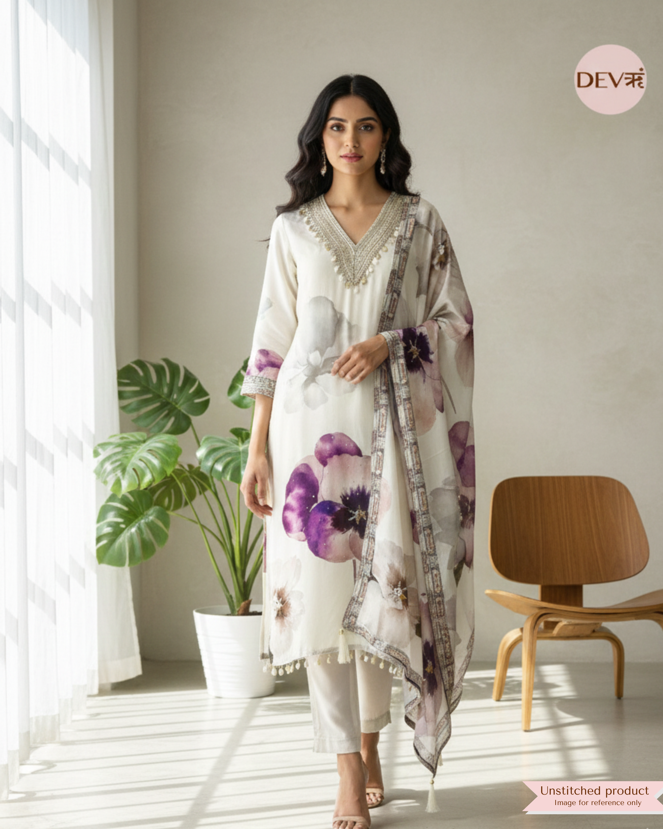 White Muslin Printed Semi Stitched Hand Embroidered -Set Of 3 {11097}