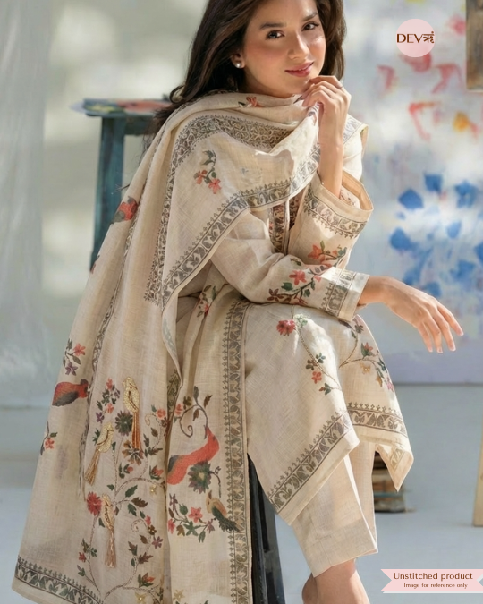 Ivory Linen Cotton Embroidered Unstitched 3-Piece Suit (Devri – D.No 20022)