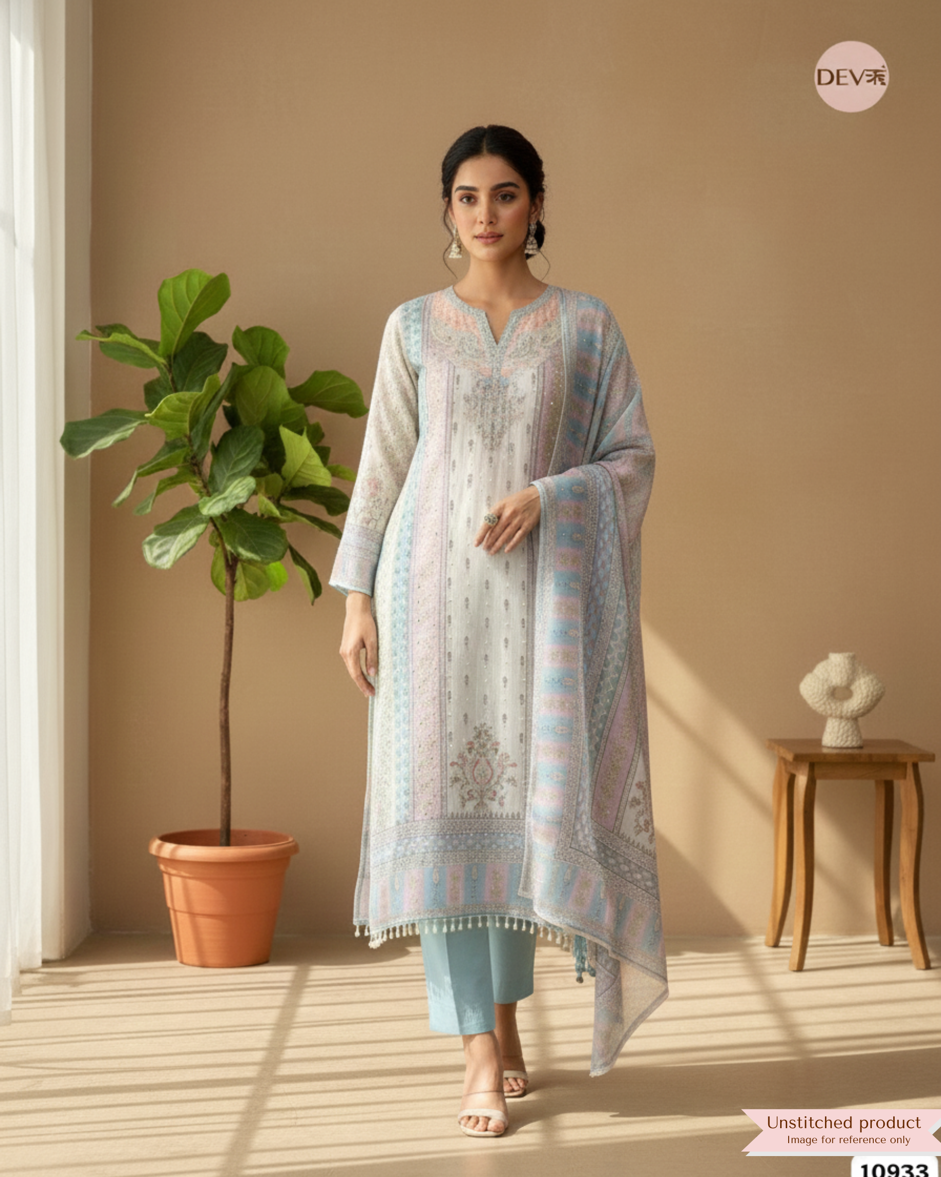 Blue Organza Printed Unstitched Mirror Beads -Set Of 3 {10933}