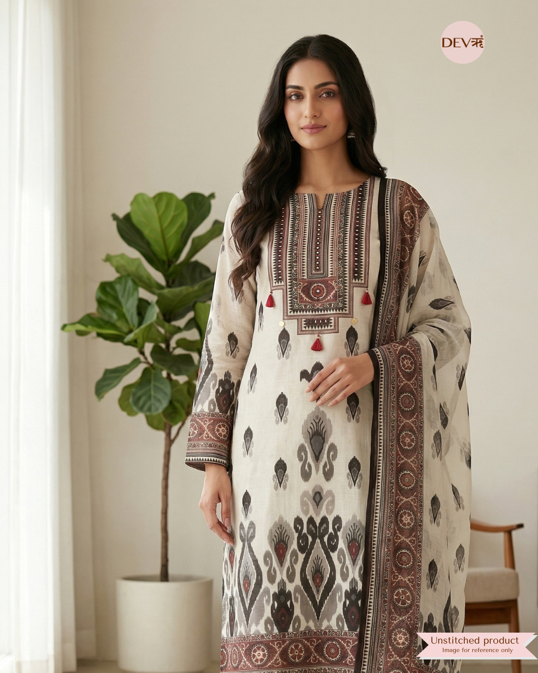 Cream Linen Cotton Printed Unstitched 3-Piece Suit (Devri – D.No 13157)