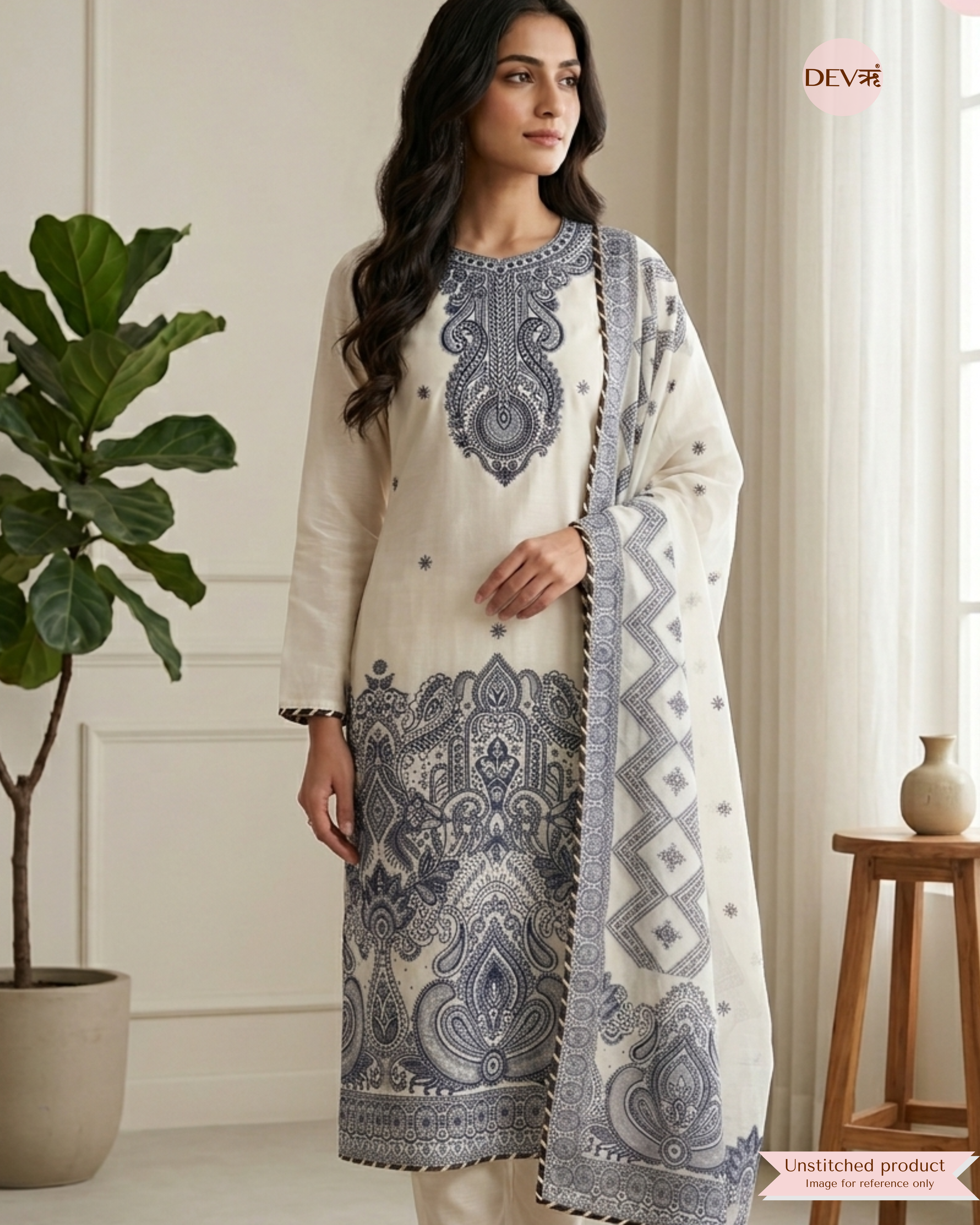 Off White Jamdani Cotton Printed Unstitched 3-Piece Suit (Devri – D.No 13071)