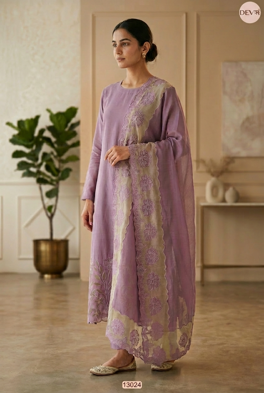 Mauve Roman Silk Embroidered Unstitched 3-Piece Suit (Devri – D.No 13024)