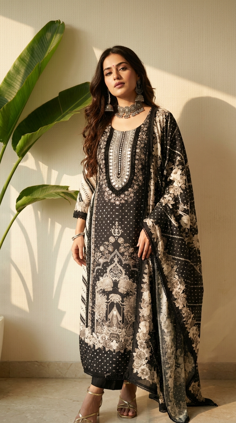 Black Muslin Semi Stitched Pakistani Printed -Set Of 3 {6204}