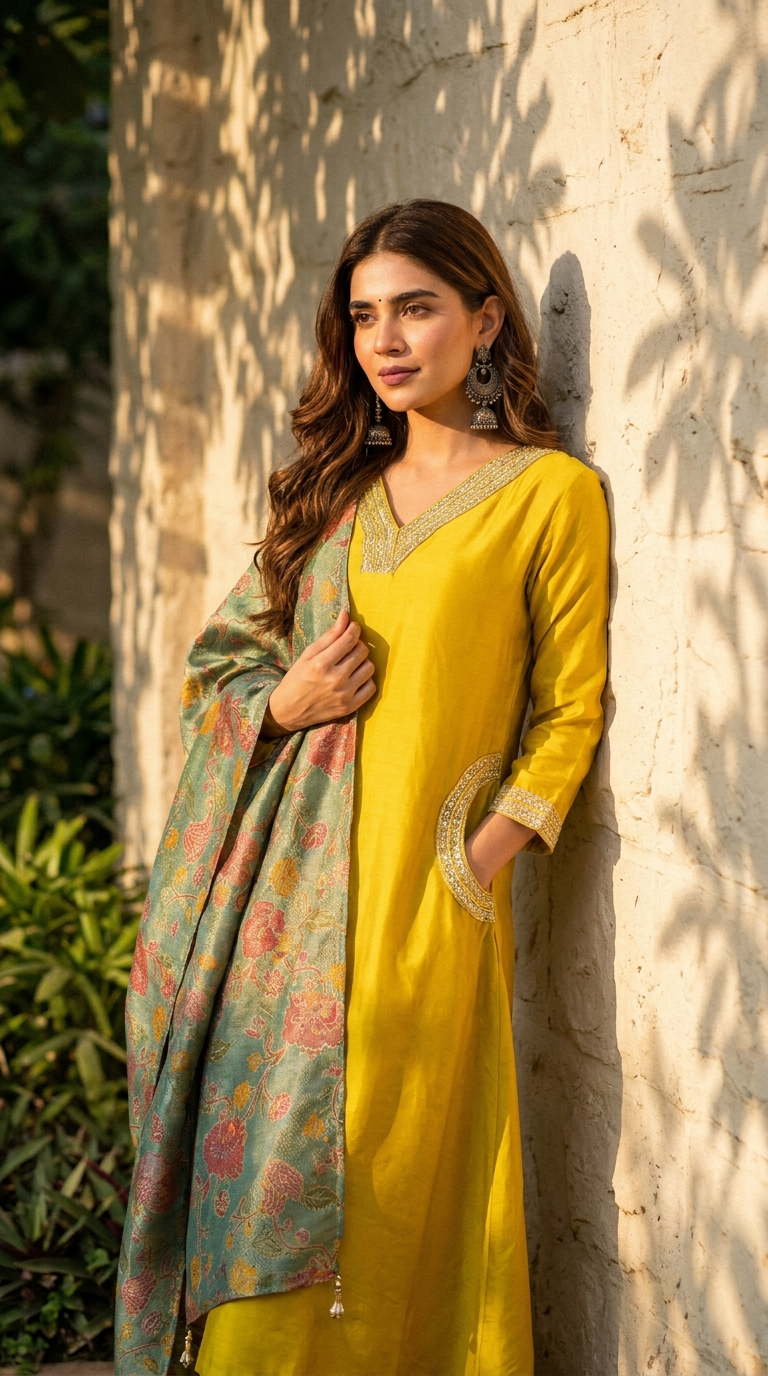 Ira Mustard Shimmer Silk Embroidered 3-Piece Set - {1065}