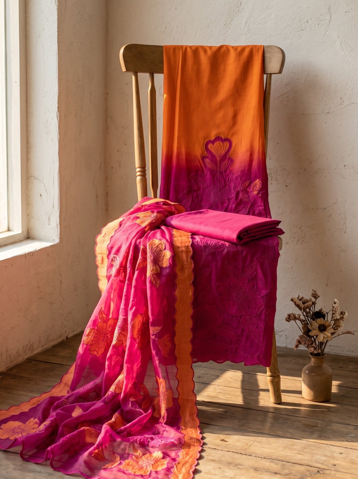 Orange Muslin Embroidered Unstitched 3-Piece Suit (Devri – D.No 13787)