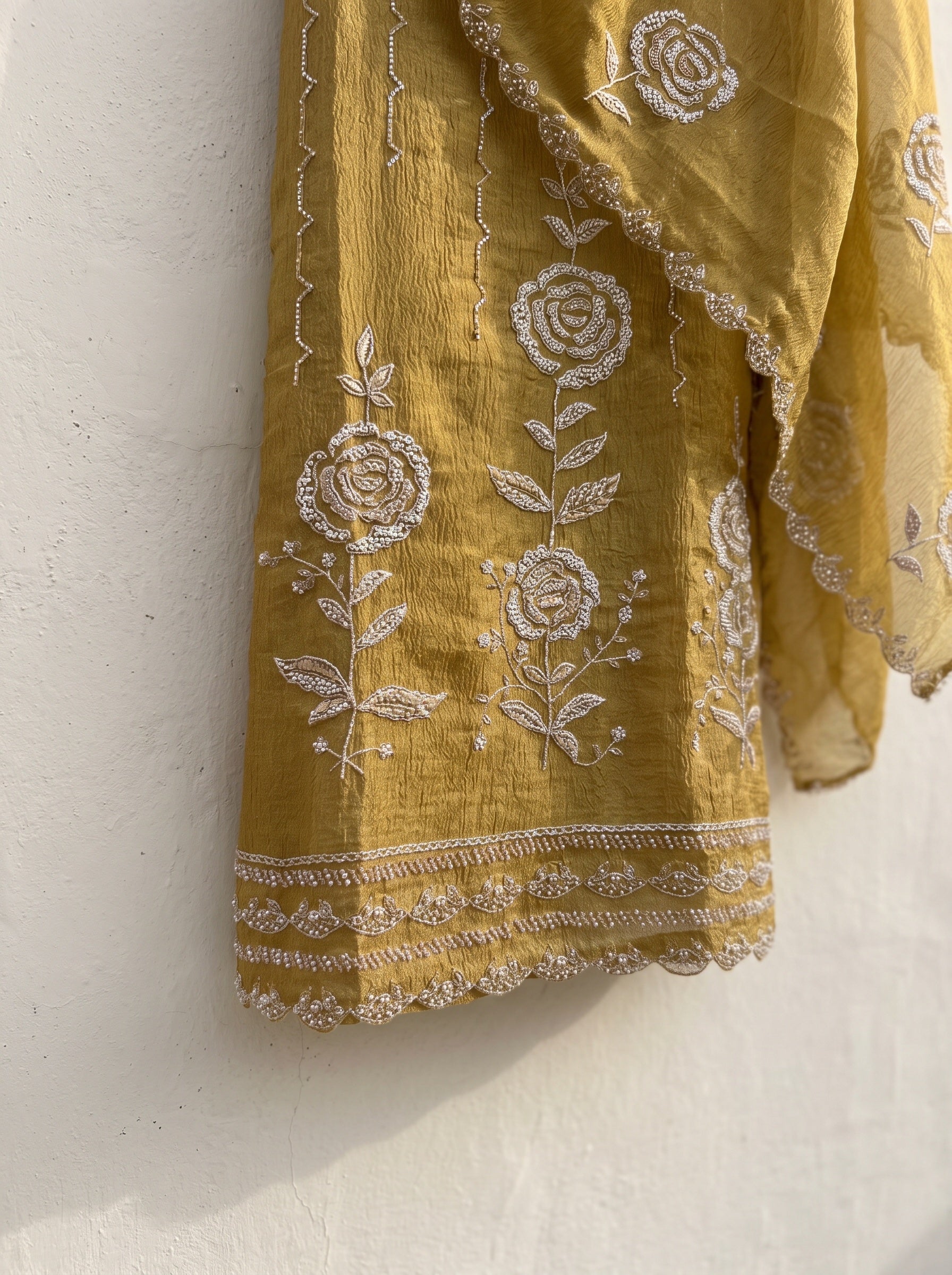 Yellow Pure Tissue Crush Unstitched Hand Embroidered -Set Of 3 - {11920}