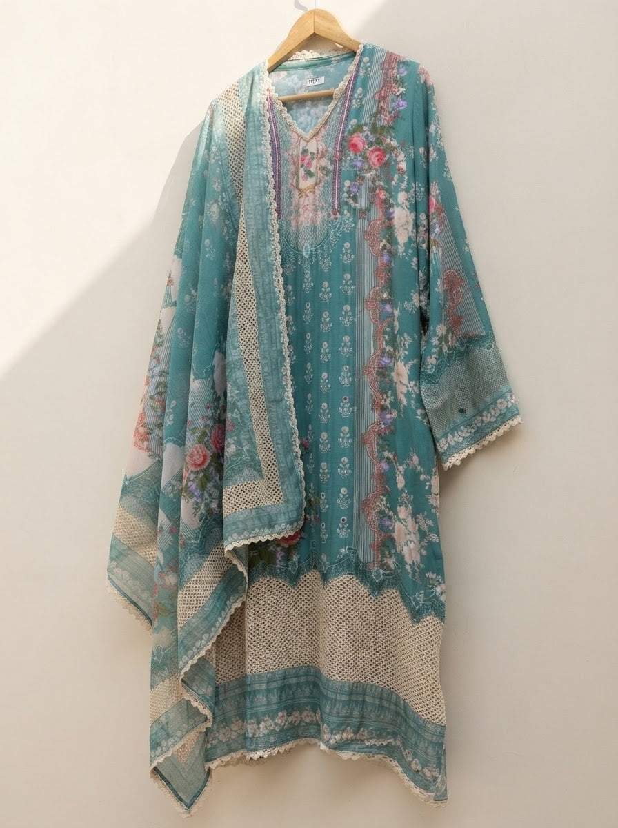 Green Muslin Printed Semi Stitched Hand Embroidered -Set Of 3